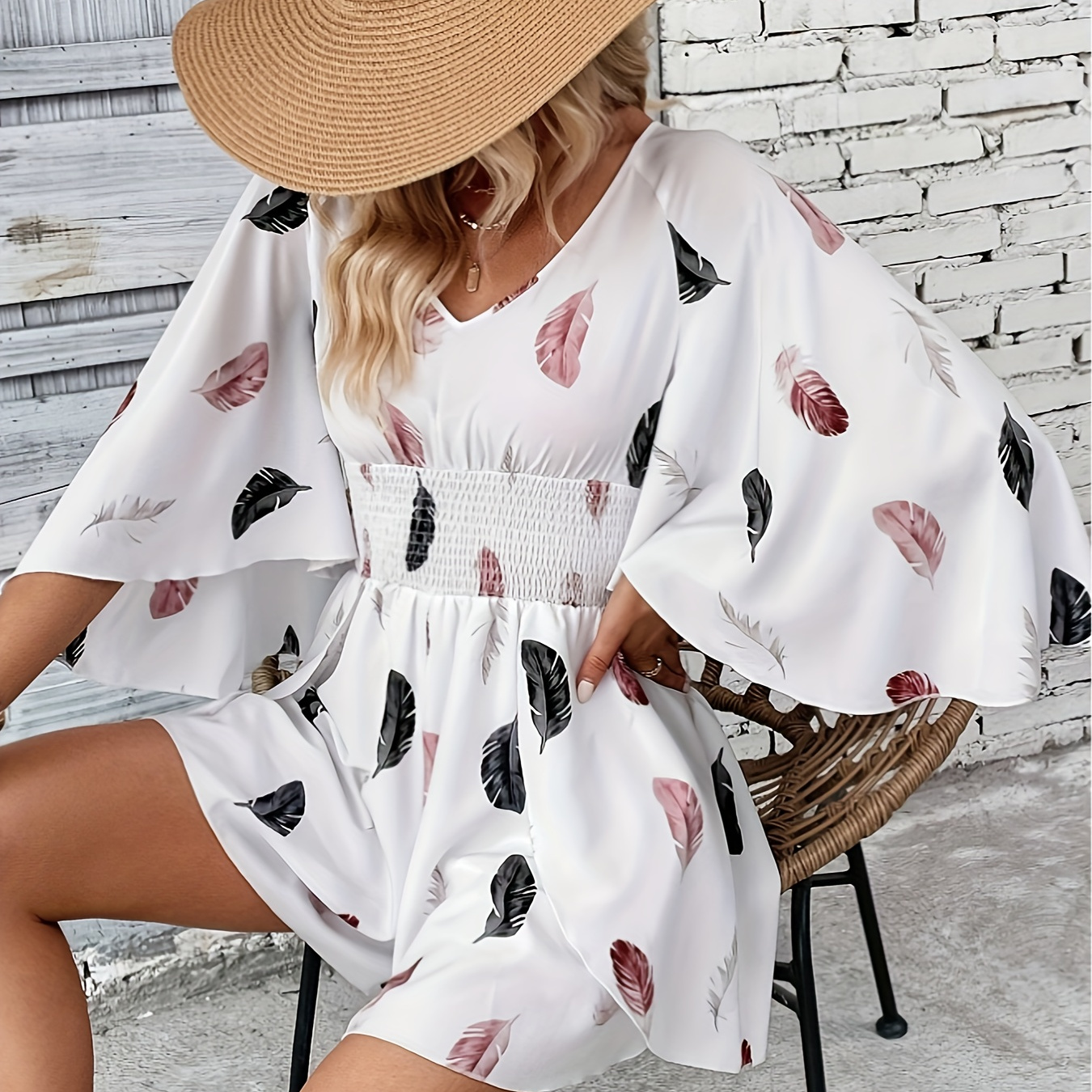 

Feather Print V-neck Romper, Vacation Style Flare Sleeve Shirred Waist Romper Jumpsuit For Spring & Summer, Women's Clothing