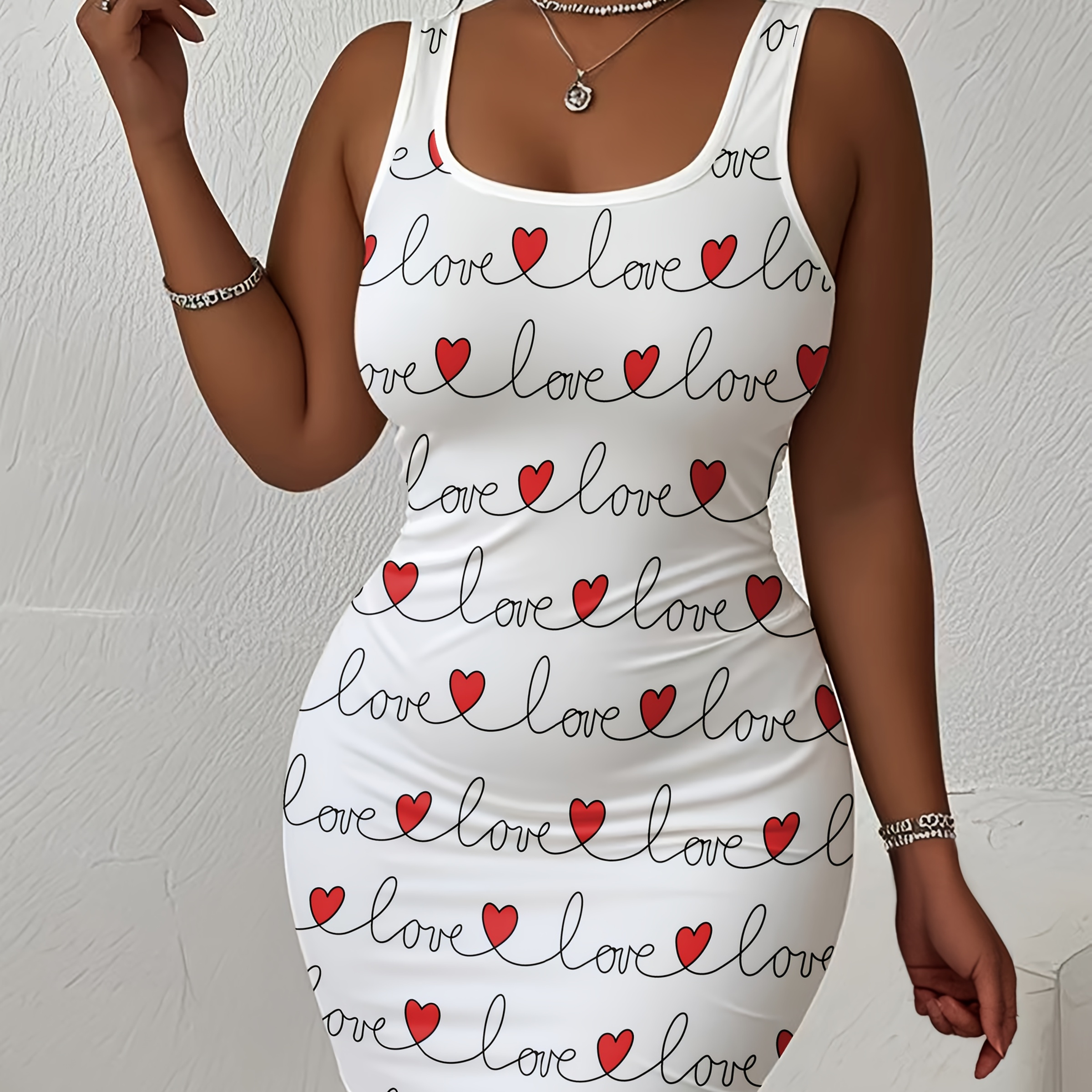 

Women's Sleeveless Love Heart Print Dress - Casual Polyester Knit, Round Neck, Knee-length With And "love" , Spring/summer, Romantic Attire|sleeveless Sundress|stretchable Fabric