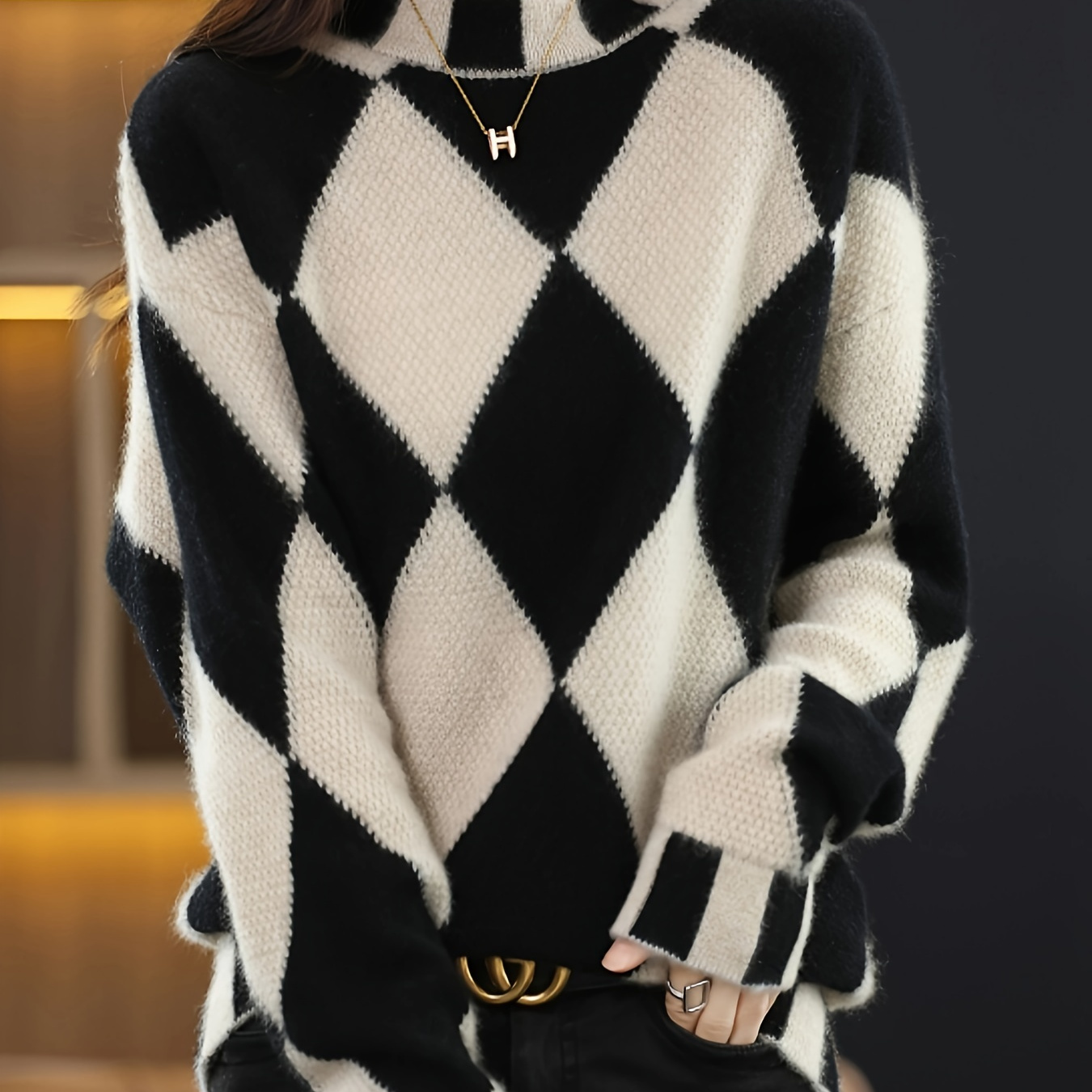 

Elegant Black & White Argyle Knit Sweater For Women - High Neck, Long Sleeve, Loose Fit, Cashmere, Fall/winter Layering, Cute Sweaters