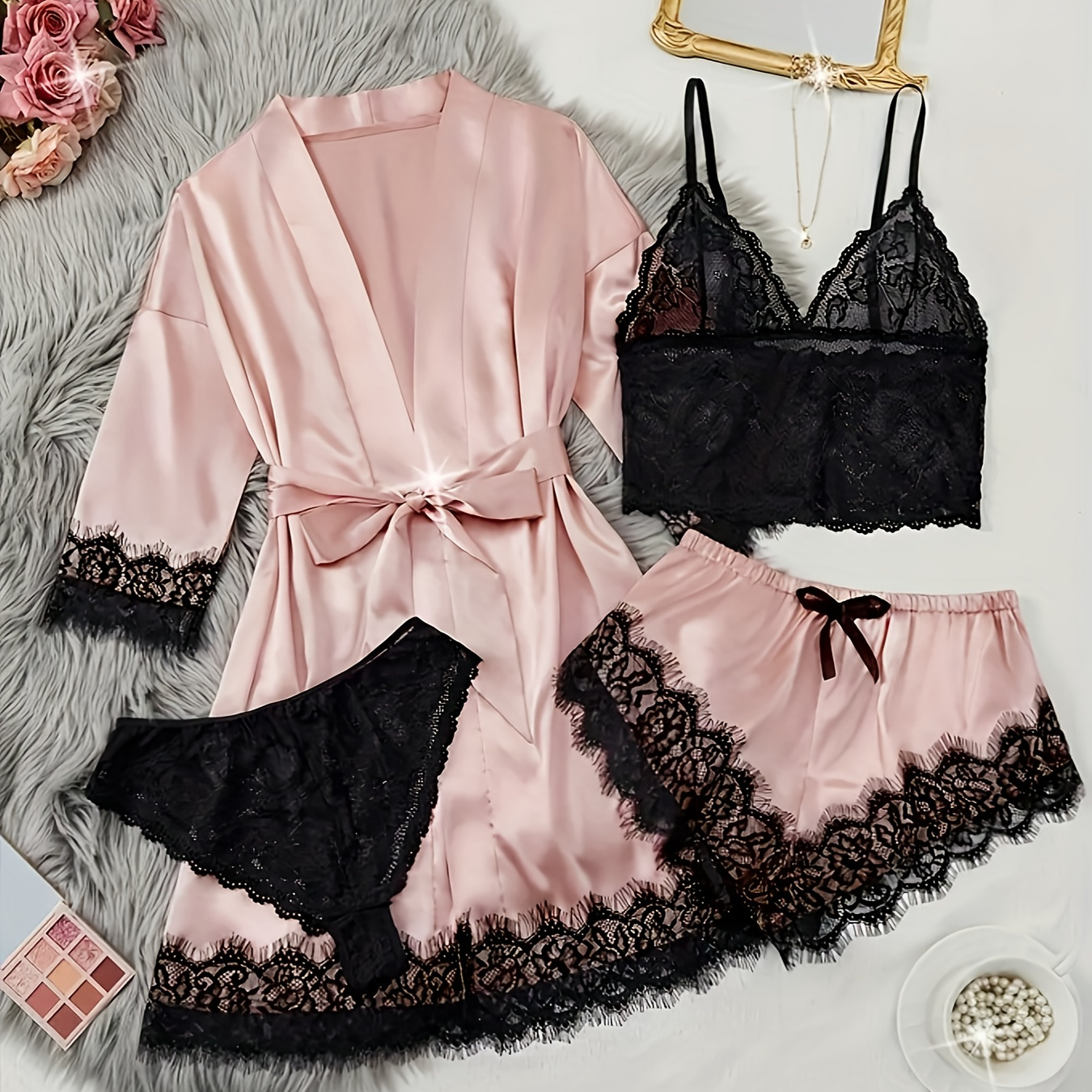 Women's Satin Fabric Pajama Set, Floral Lace Camisole Sleepwear and Robe 4pcs Set, Plus Size Nightwear with Pants and Belt, Loungewear