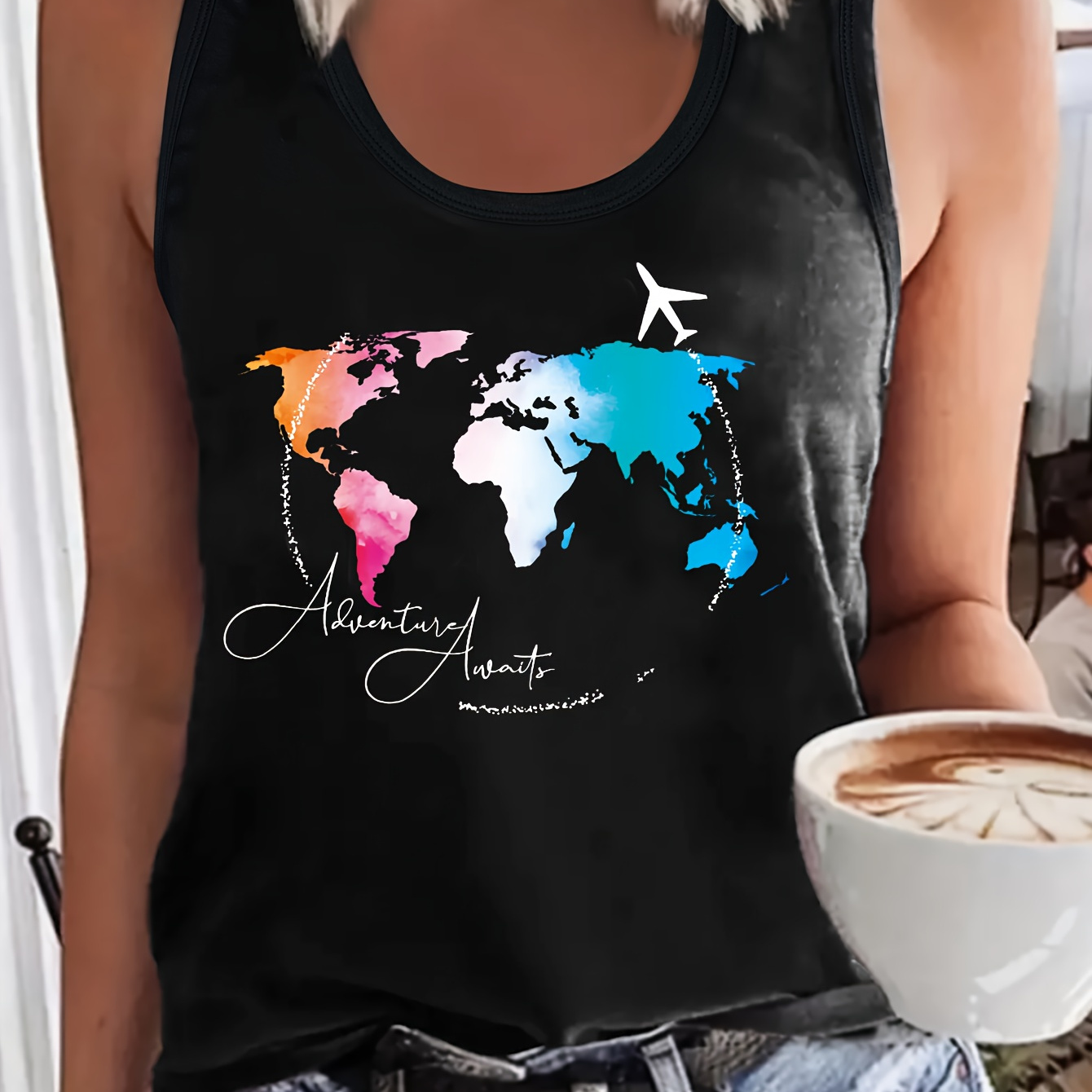 

Map Print Crew Neck Tank Top, Sleeveless Casual Top For Summer & Spring, Women's Clothing