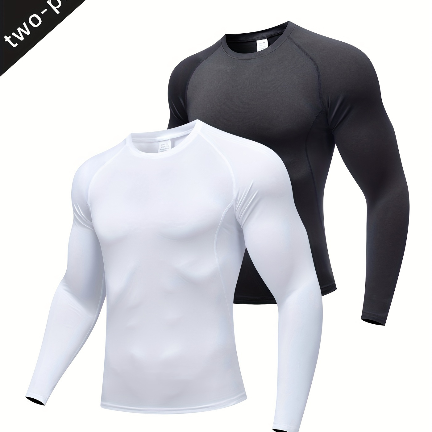 

Men's 2pcs Athletic Shirts Set, Polyester & Spandex , Crew Neck, Long Sleeve, Breathable, Stretch Fabric, Solid Tops For Running, Training, Gym, All - Black & White, , Tight Version, All//all