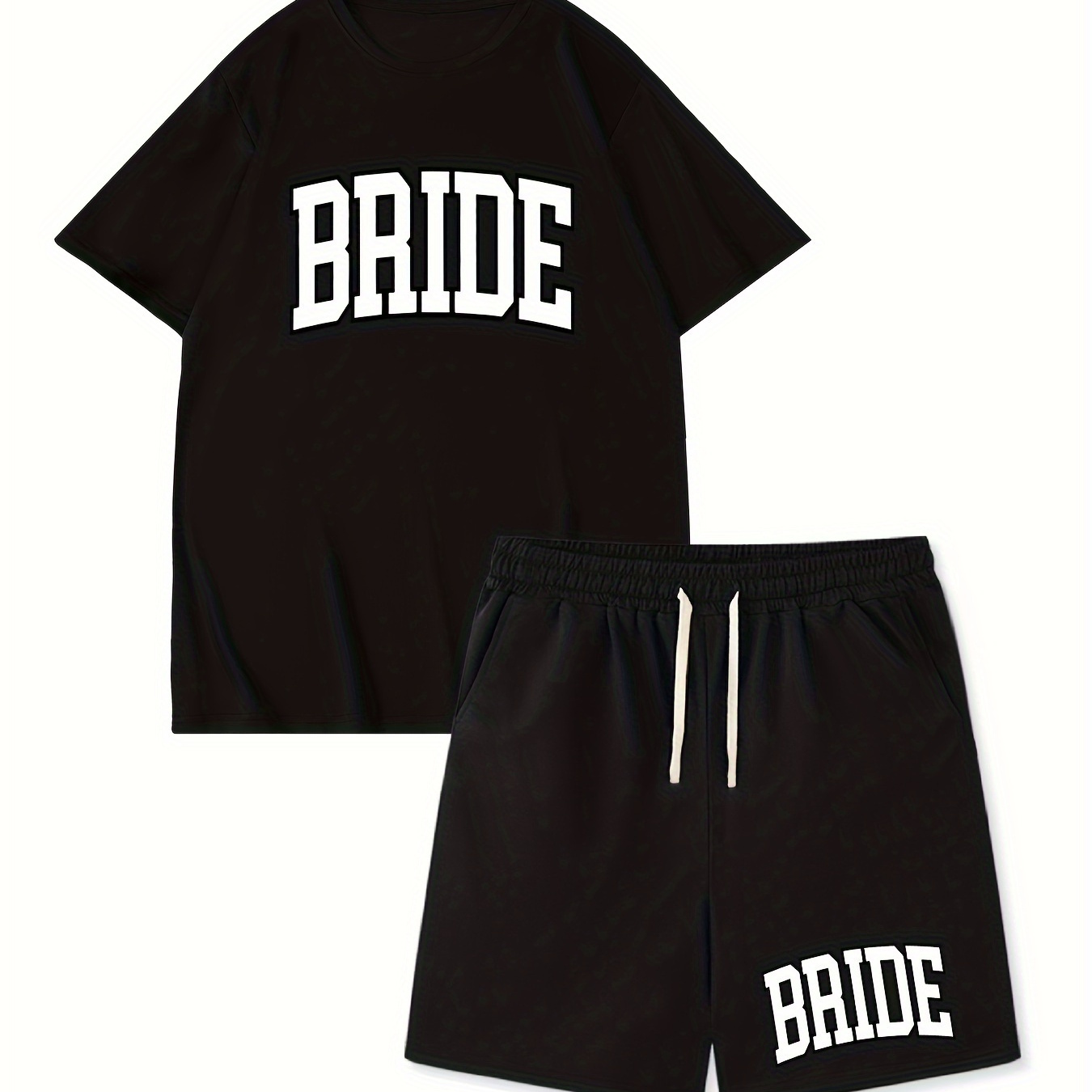 

2pcs Bride Pattern Print Short Sleeve Round Neck T-shirt & Jogger Shorts Set, Comfy Outfits For Men, Sports Summer Co Ord Set