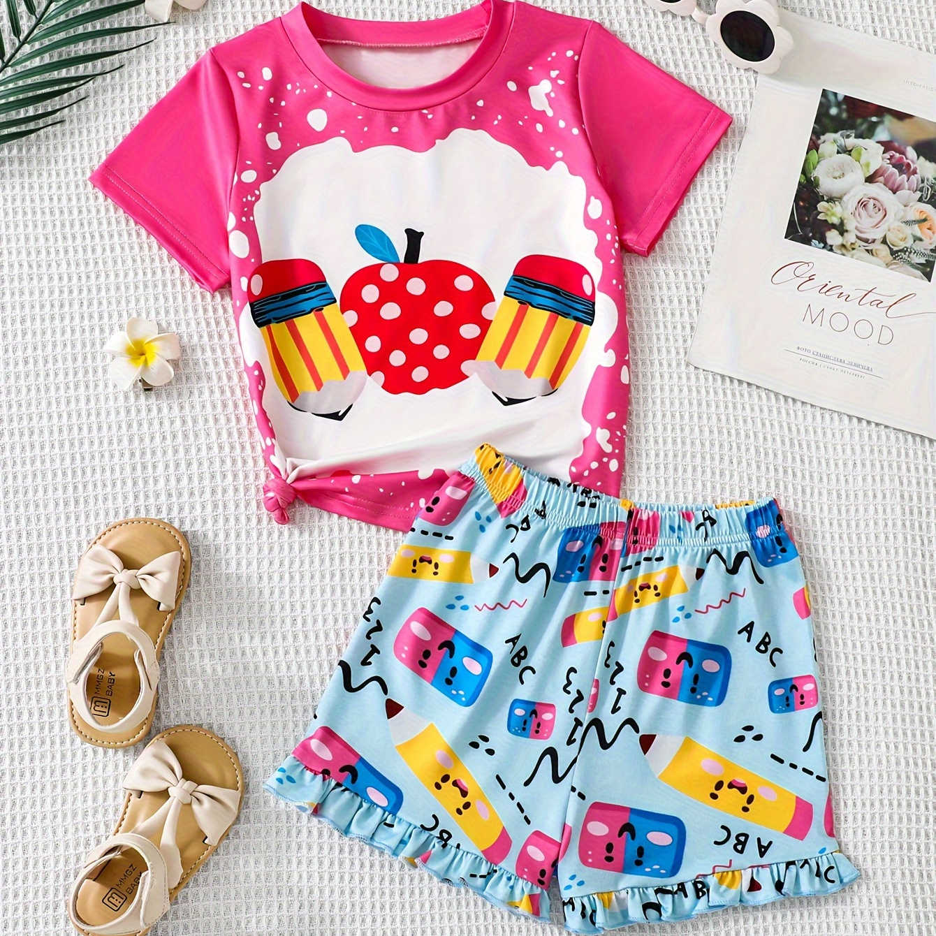 

2 Pcs School Pencil Graphic T-shirt + Full Print Shorts Girl's Set, Holiday Back-school Summer Clothes, Gift