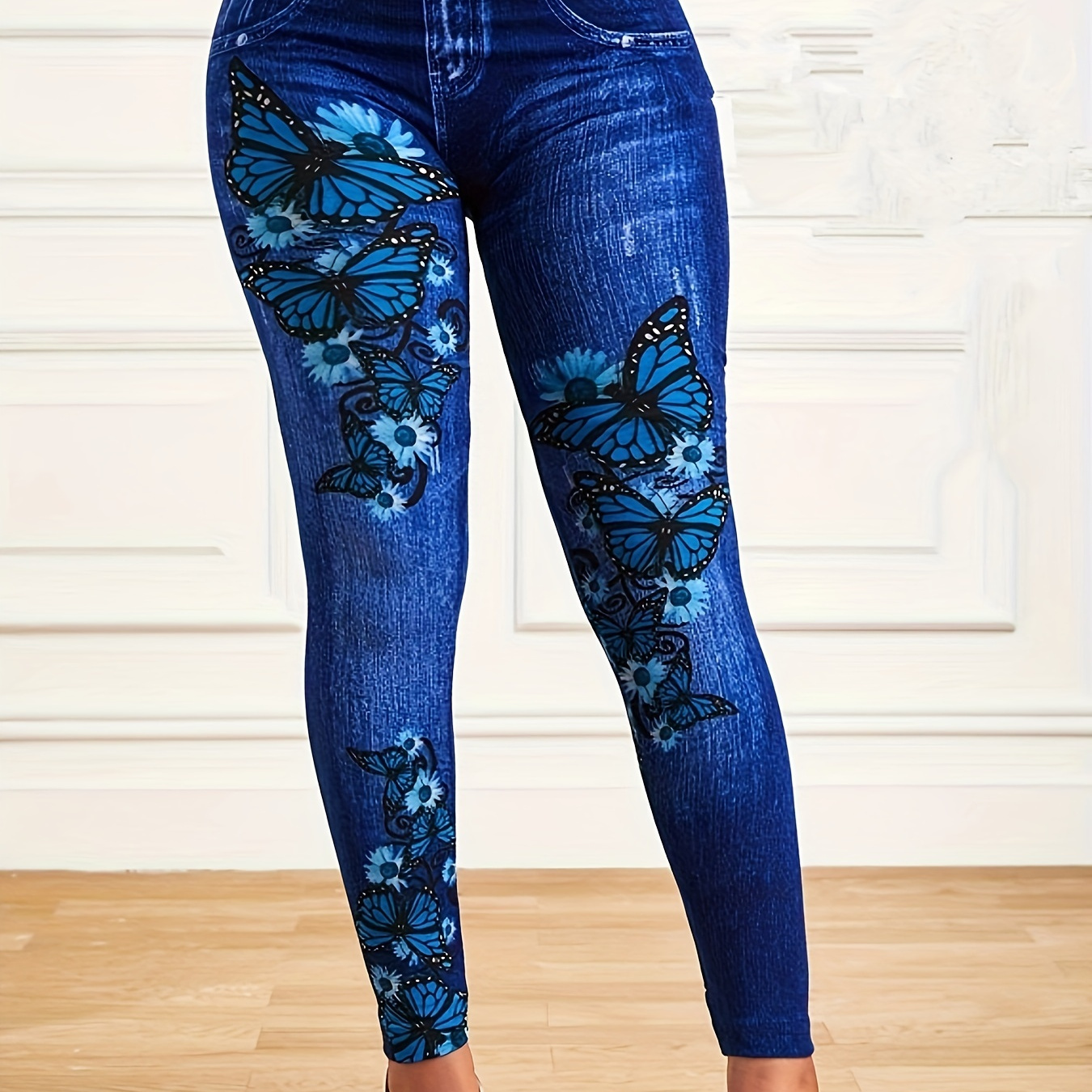 Plus Size Casual Leggings, Women's Plus Butterfly & Denim Print High Rise Slight Stretch Leggings