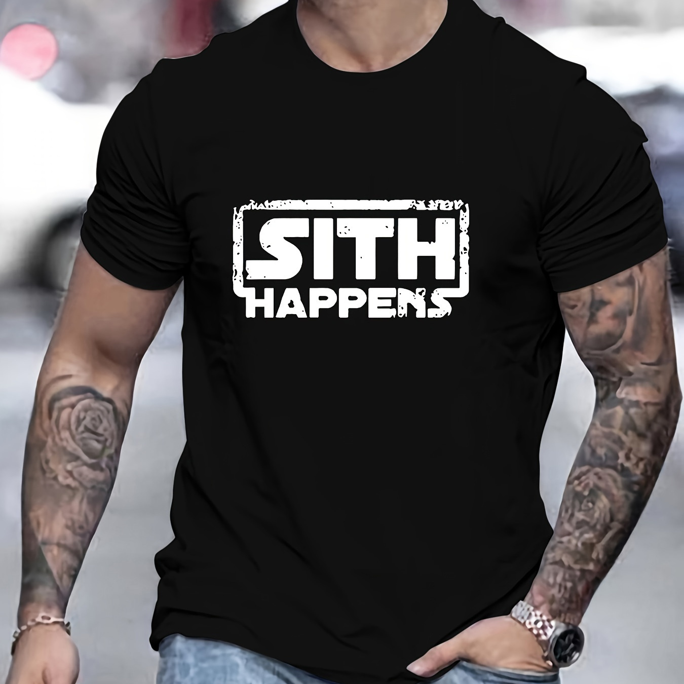 

Sith Happens Print Men's Casual T-shirt, Short Sleeve Tee Tops, Summer Outdoor Sports Clothing