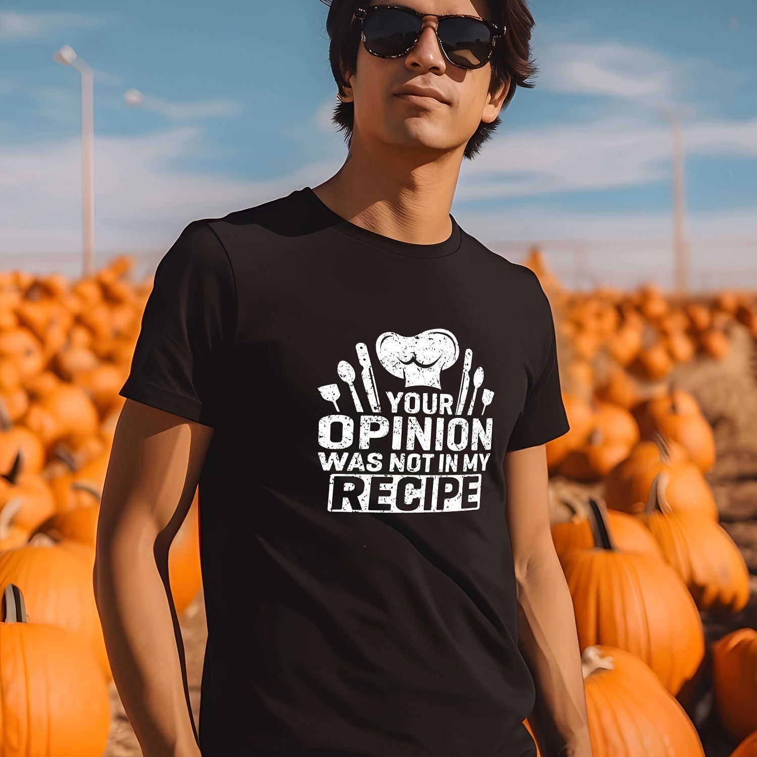

Men's Black Cotton T-shirt With Bold White Graphic Of Chef Hat And Forks, Featuring The Text "your Opinion Was Not In My Recipe" - Unique And Stylish Short Sleeve Tee