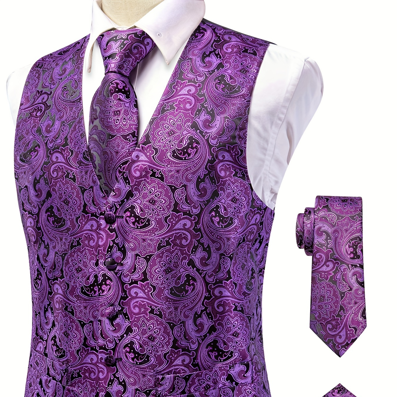 Plus Size Mens Purple Flora Jacquard V Neck Vest Suit, Waistcoat Necktie Square Hanky Cufflinks 4Pcs Set, For Wedding Suit Set