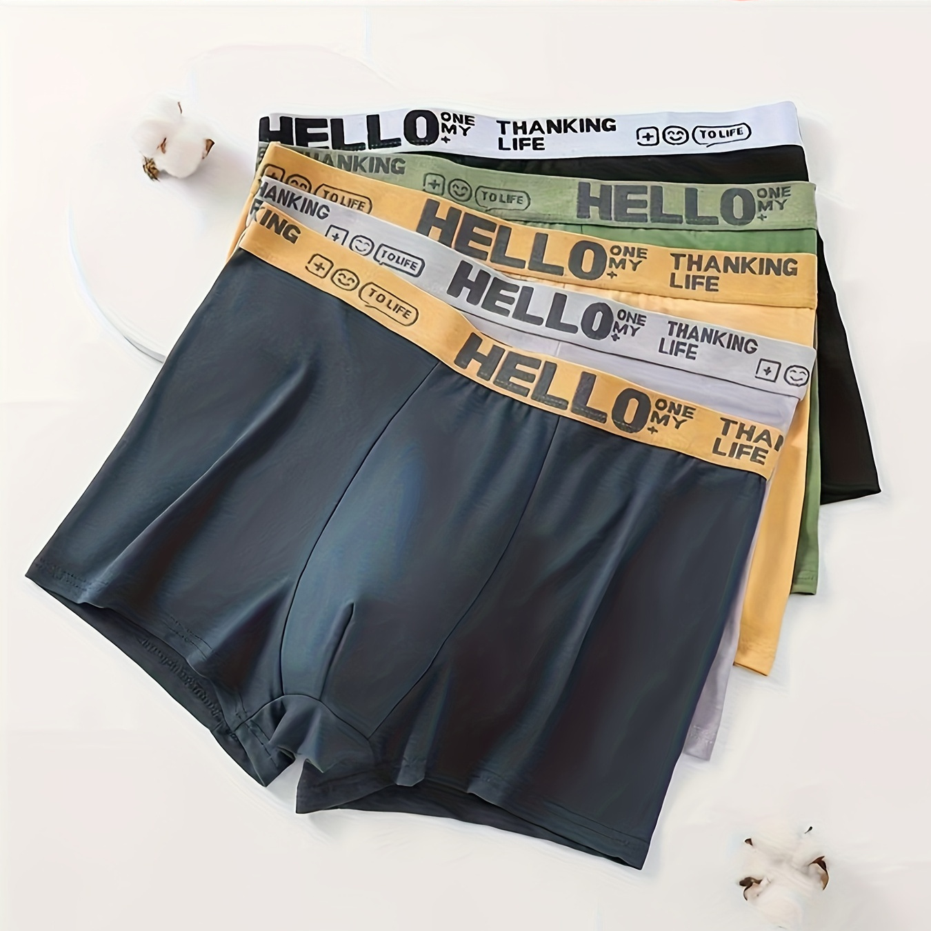 

1/3/5 Pack Men's Hello Embroidered Shortie Underwear - Solid Color Polyester Boxer Briefs With Medium Stretch Knit Fabric For Daily & Casual Use