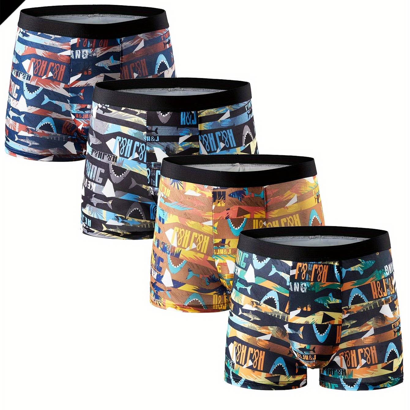 

Lot de 4 boxers en polyester pour hommes avec imprimé requin, tissu extensible confortable et respirant, sous-vêtements courts tricotés matériaux supplémentaires.