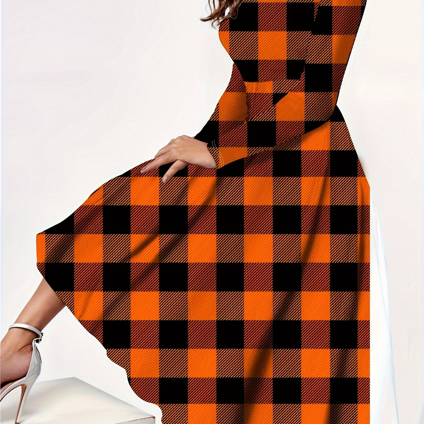

Plaid Print Crew Neck Dress, Casual Long Sleeve Midi Dress For Spring & Fall, Women's Clothing