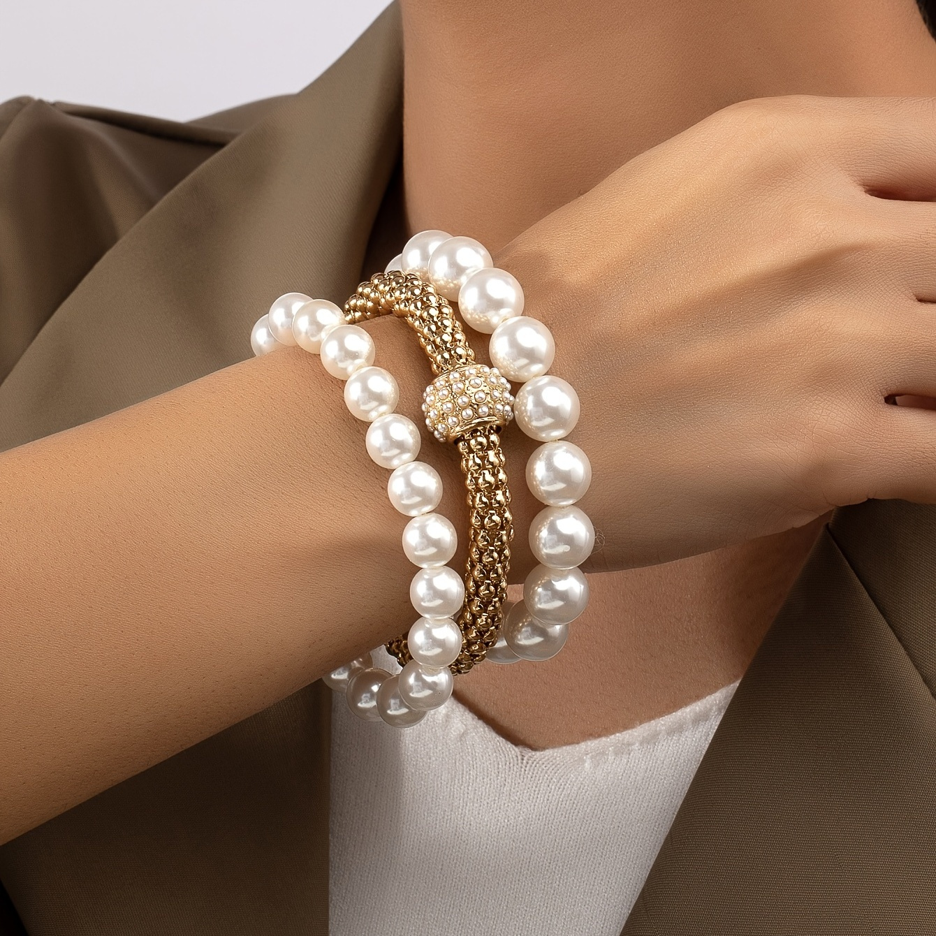 

Faux Pearls Bracelet Kit 14k Plated Stretch Hand Jewelry Set For Women & Girls 3 Pcs
