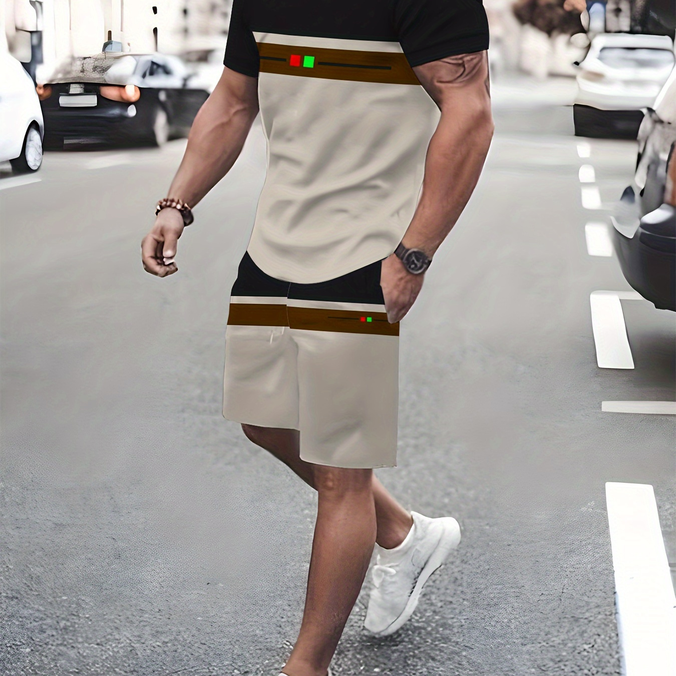 

Men's Striped Print T-shirt And Shorts Set, Casual Crew Neck Tee With Short Sleeve And Drawstring Shorts, Polyester , Summer Suit