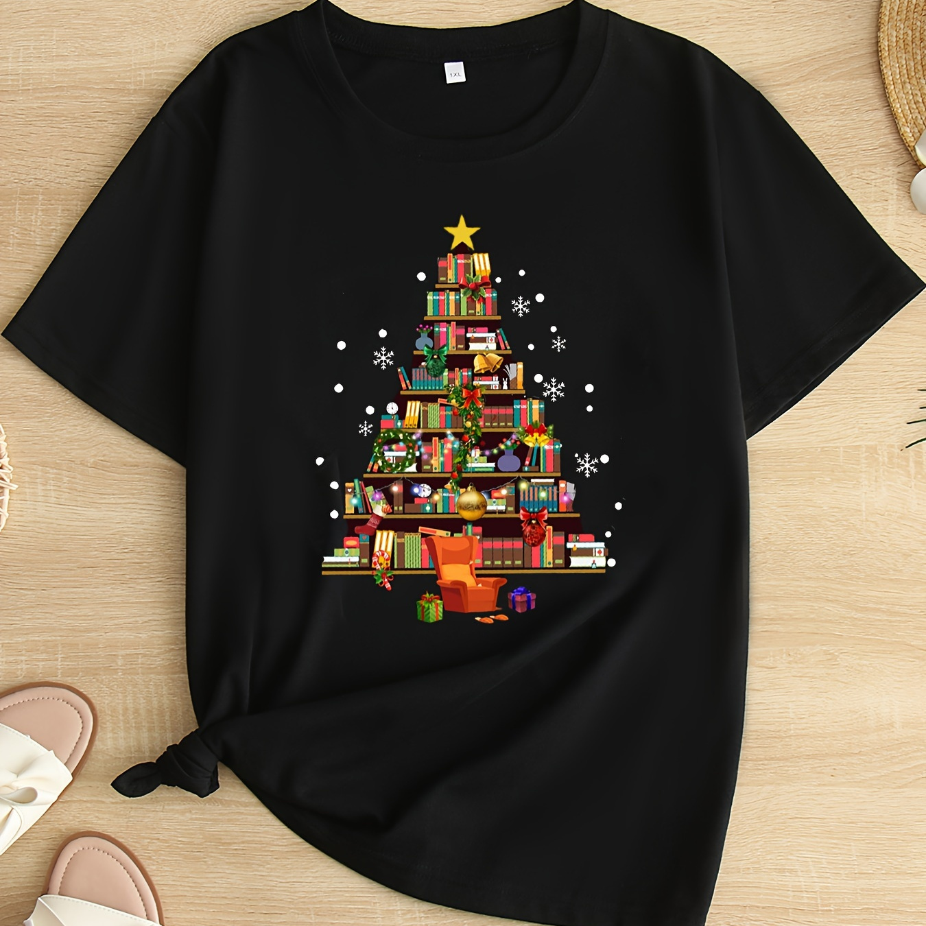 

Plus Size Christmas Tree Graphic T-shirt - Casual Crew Neck Short Sleeve Top, Polyester Knit Fabric With Slight Stretch, Holiday Print, Sizes 1xl-8xl