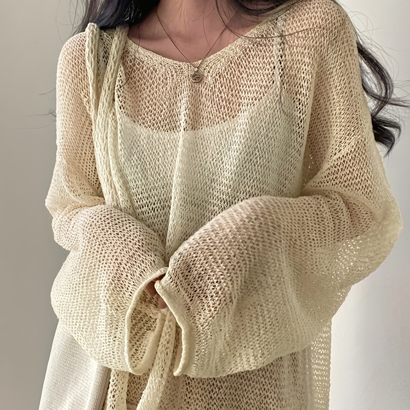 

Solid Knitted Pullover Top, Casual Crew Neck Long Sleeve Crochet Coverup Top, Women's Clothing