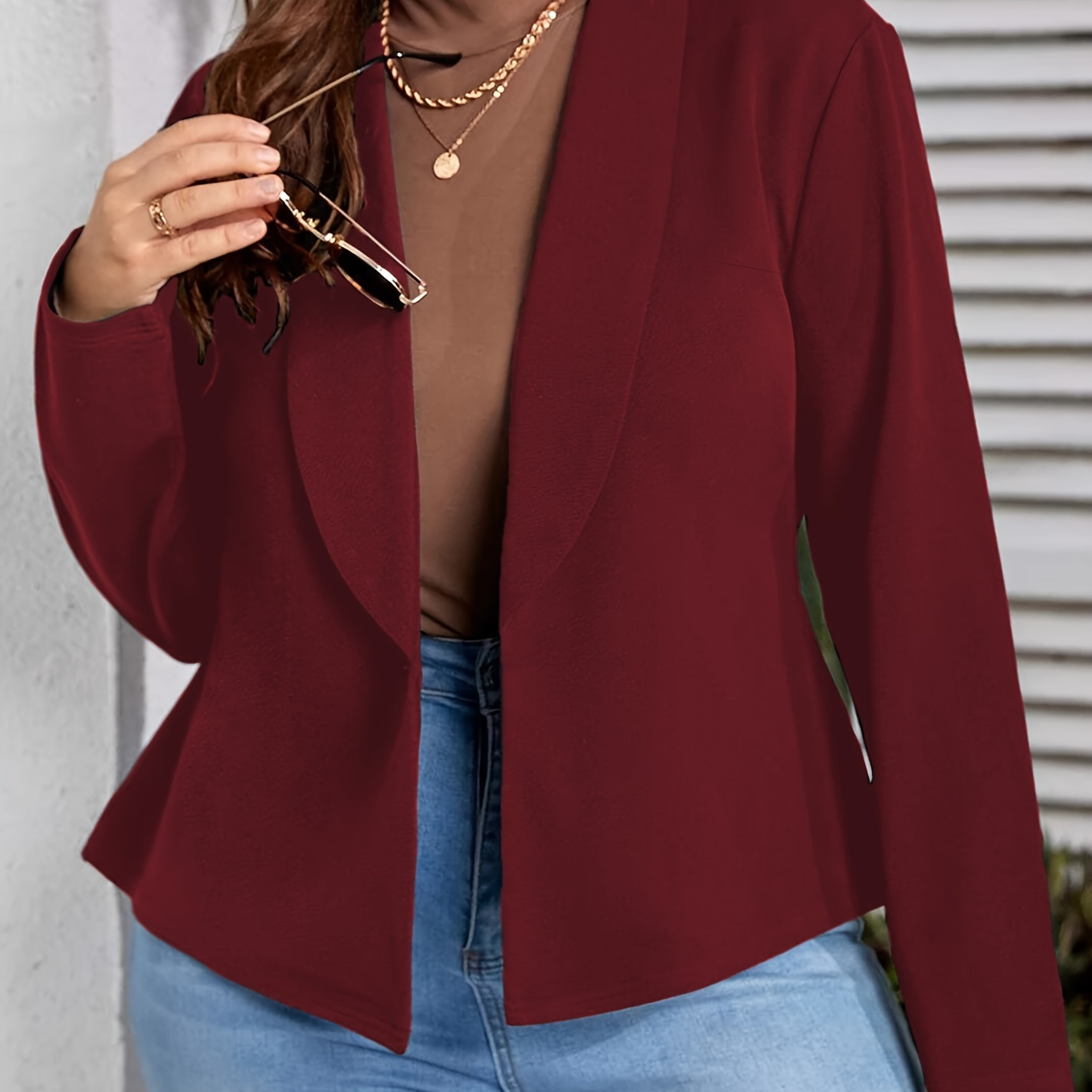 Plus Size Casual Blazer, Women's Plus Solid Ruffle Hem Nipped Waist Lapel Collar Long Sleeve Blazer