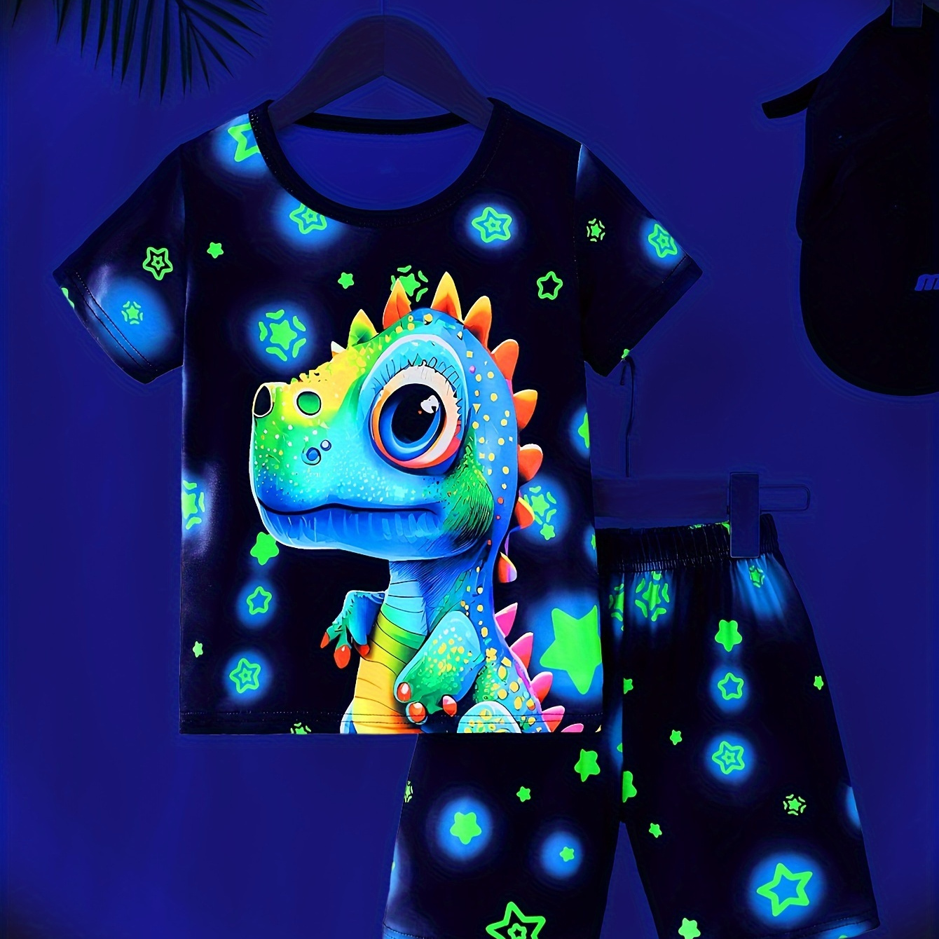 

Boys 2pcs Cute Luminous 3d Dinosaur Pattern Loungewear Set, Short Sleeve Crew Neck T-shirt Top & Short Set, Cool Pattern Comfy Pj Set, Kids' Cozy Sleepwear Outfit