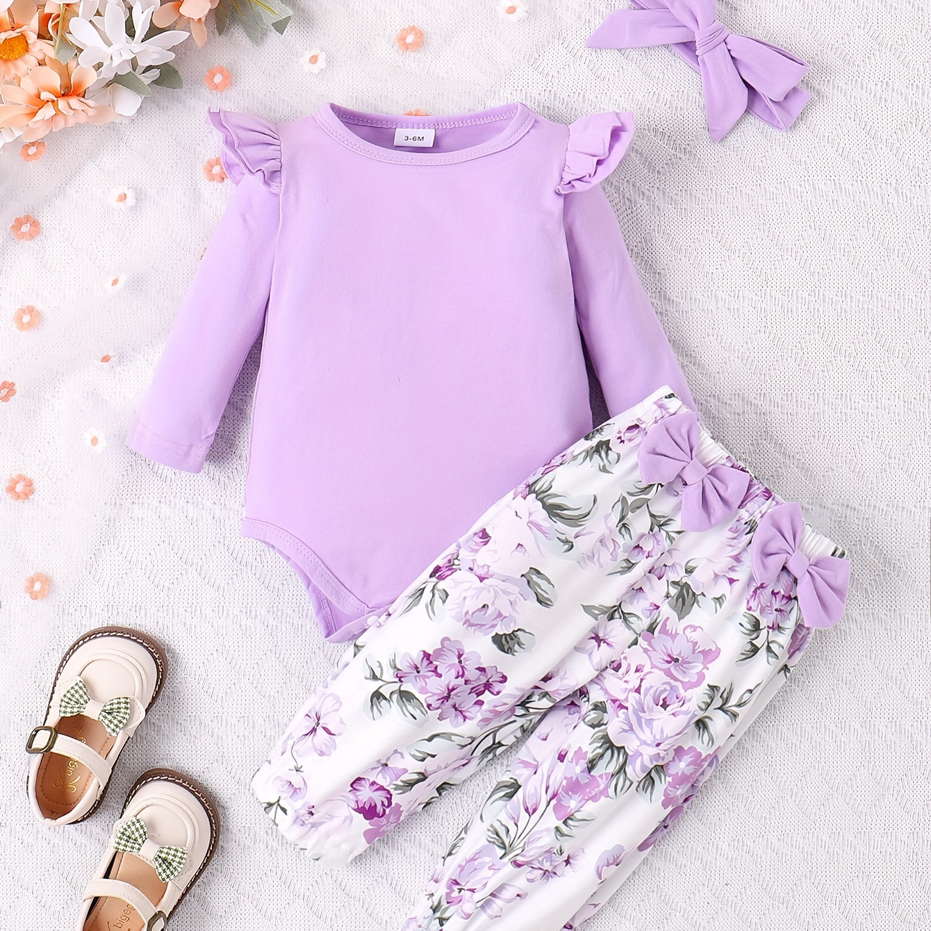 

Toddler Baby Girls Long Sleeve Romper Top + Floral Print Trousers With Free Bandana 3pcs Set