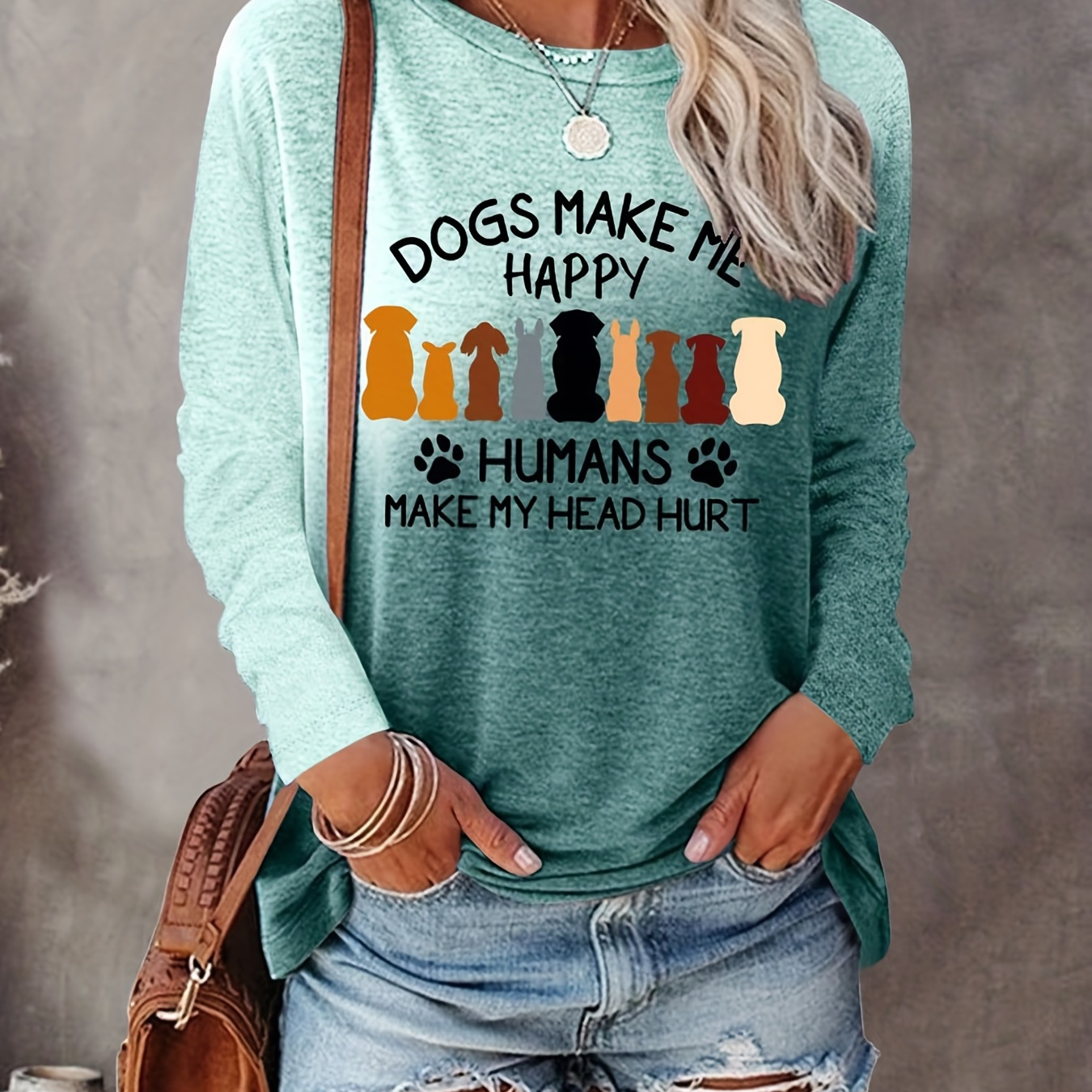 

Dog & Letter Print Crew Neck T-shirt, Casual Long Sleeve T-shirt For Spring & Fall, Women's Clothing