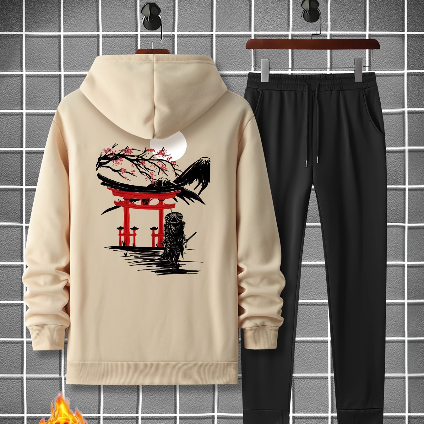 

Trendy Japanese Style Print, Men's 2pcs Outfits, Casual Hoodies Long Sleeve Pullover Hooded Sweatshirt And Sweatpants Joggers Set For Spring Fall, Men's Clothing