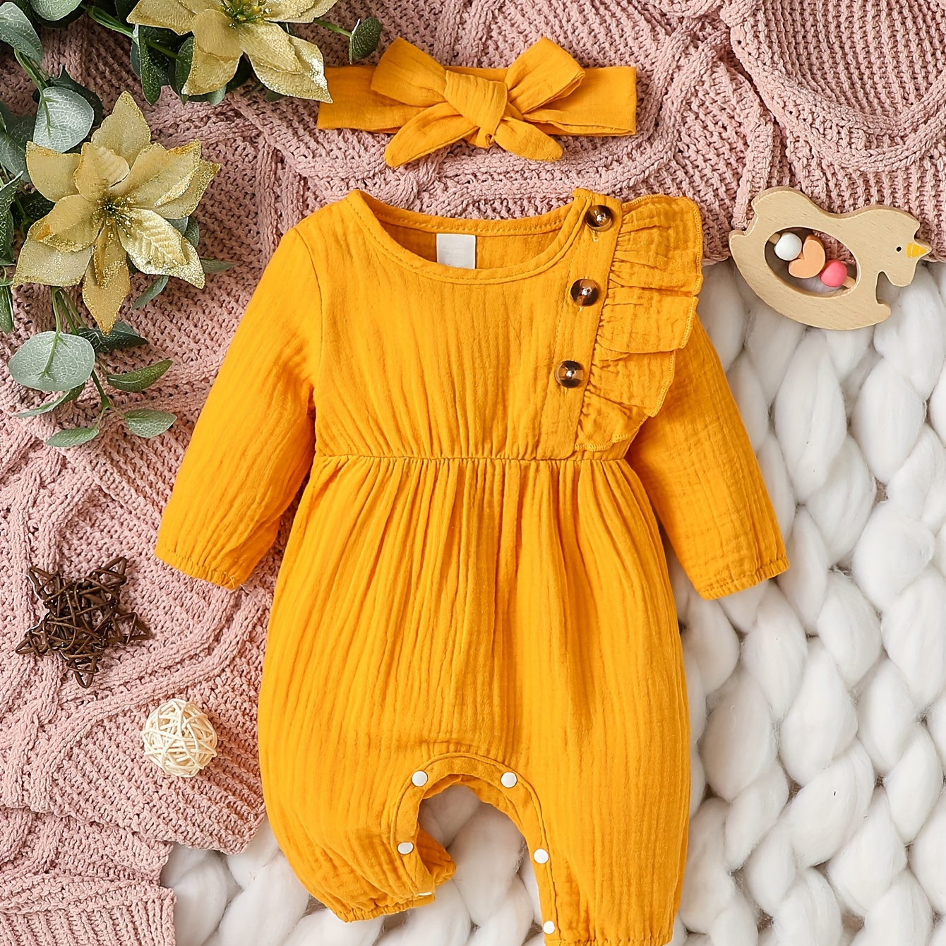 

Newborn Baby's Trendy Button Decor Comfy Muslin Bodysuit, Casual Long Sleeve Romper, Toddler & Infant Girl's Onesie