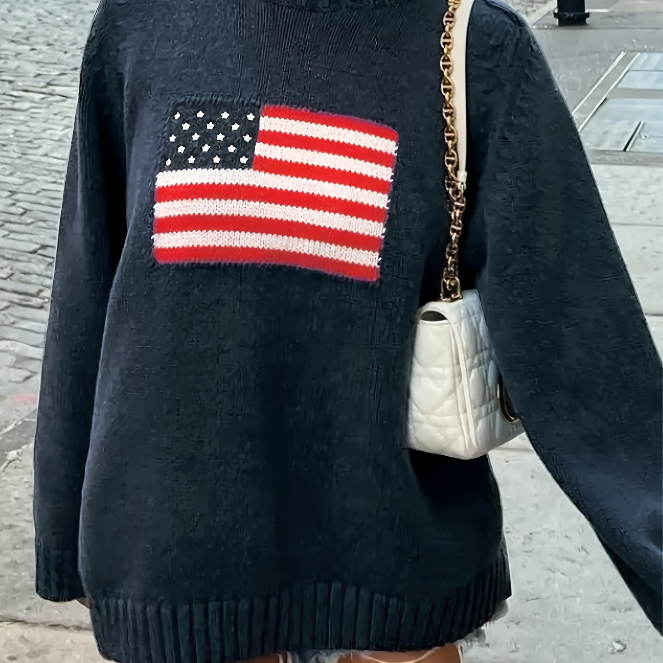 

Flag Pattern Crew Neck Sweater, Casual Long Sleeve Sweater For Fall & Winter, Women's Clothing