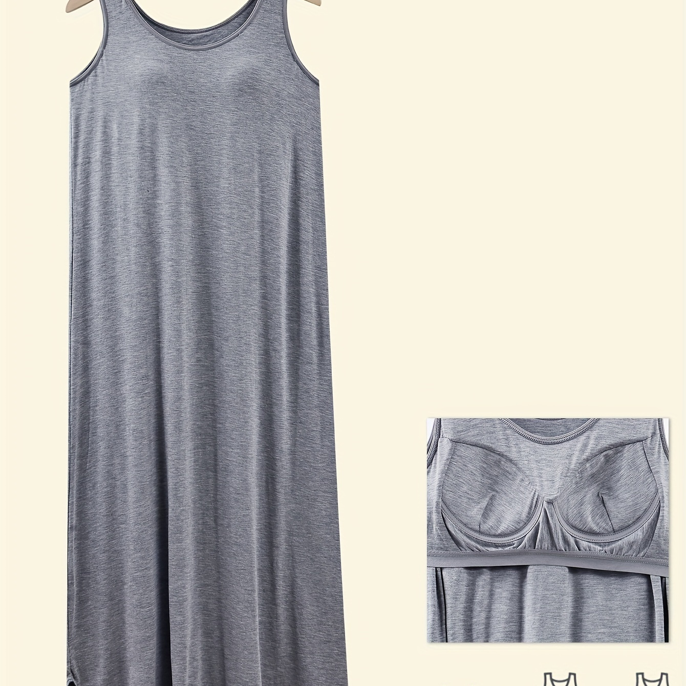 

Comfort Sleeveless Tank Dress With Built-in Bra Pad, Casual Style, Stretchy Midi Length, Grey Cotton Blend Fabric For Everyday Wear