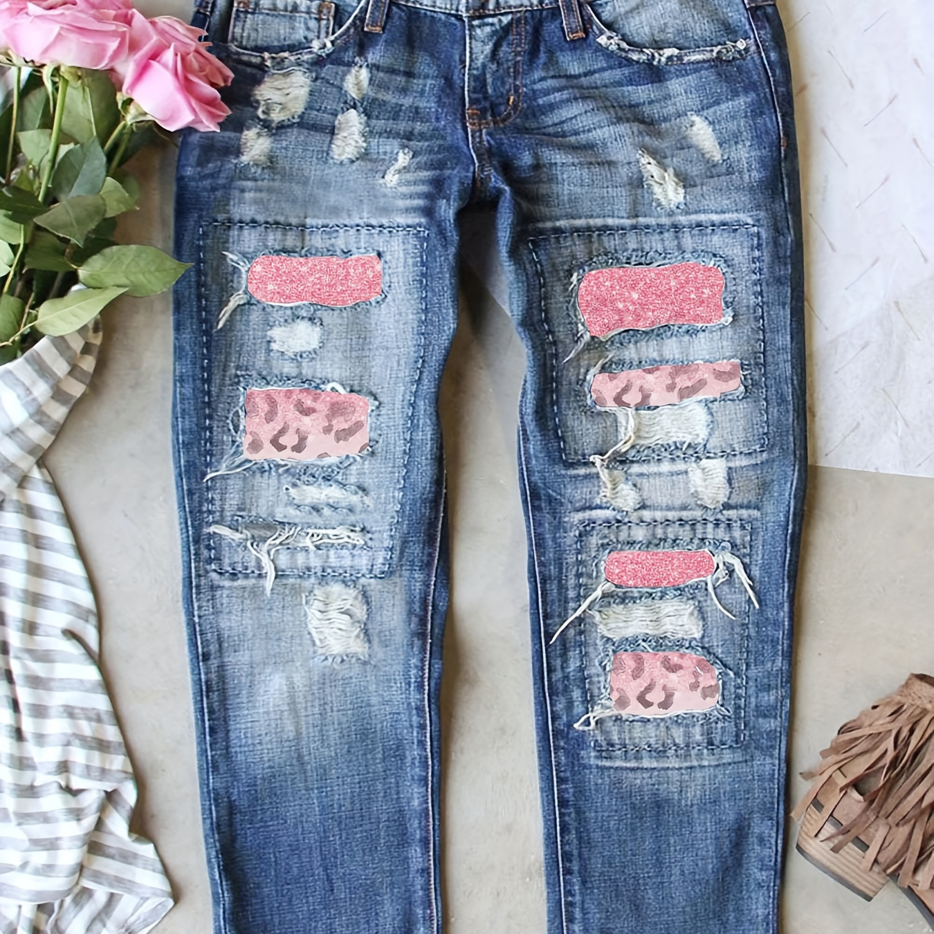 

Pinkish Leopard Print Ripped Patchwork Whiskering Washed Retro Style Jeans, Women's Denim Jeans & Clothing