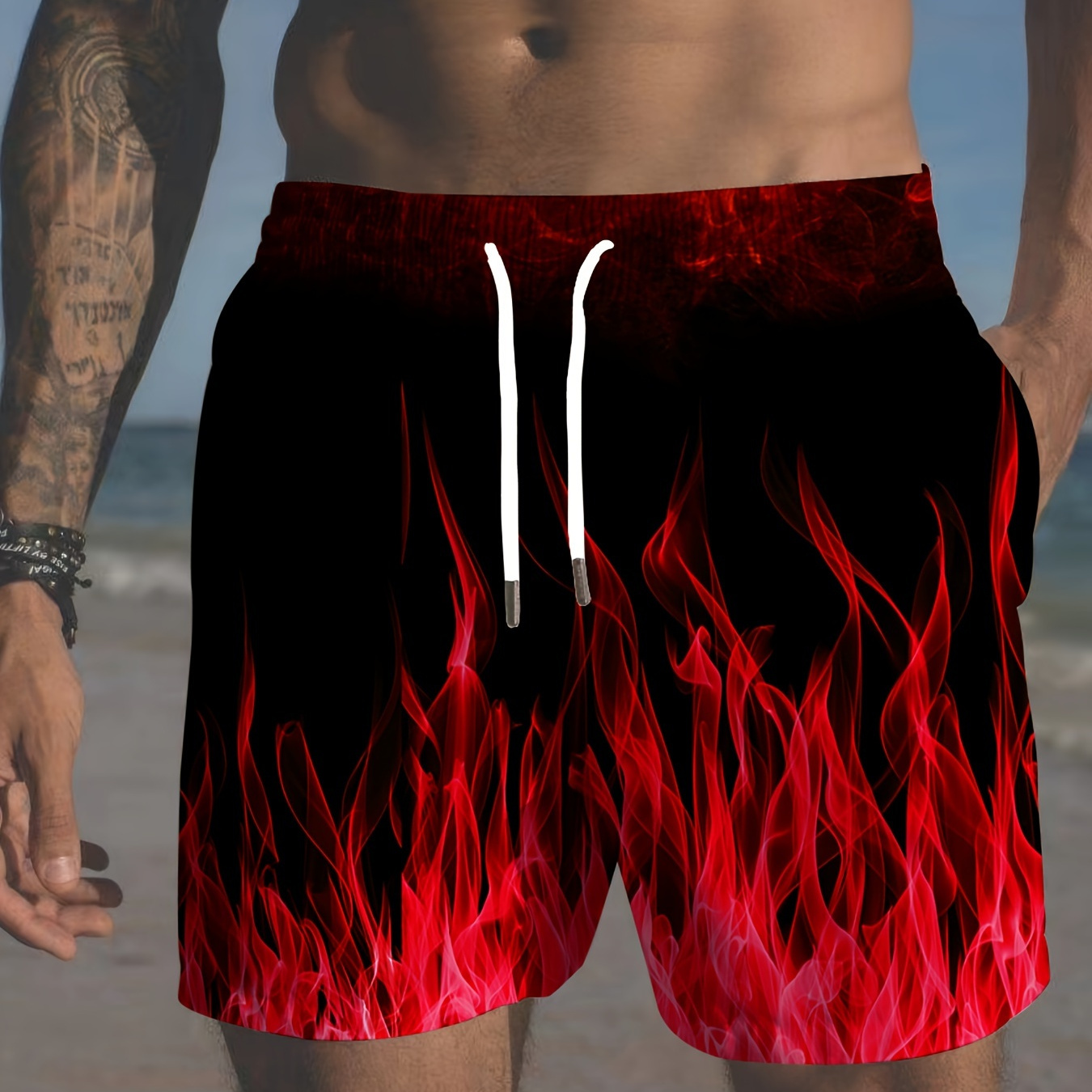 

Plus Size Men's Casual Gradient Flame Print Beach Shorts With Drawstring Waistband, Breathable For Summer