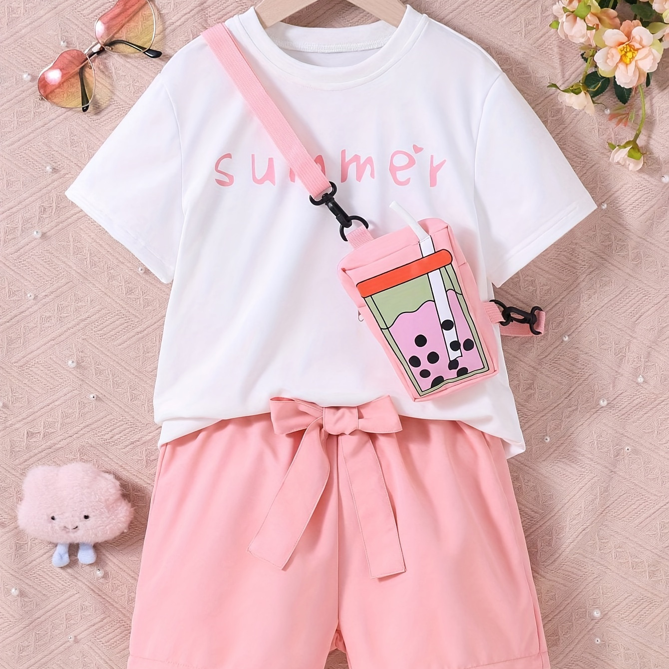 

4pcs, Summer Print Short Sleeve T-shirt + Solid Color Shorts + Belt + Drink Shaped Bag Set For Girls, Casual And Trendy Holiday Set Summer Gift, Girls' Clothing