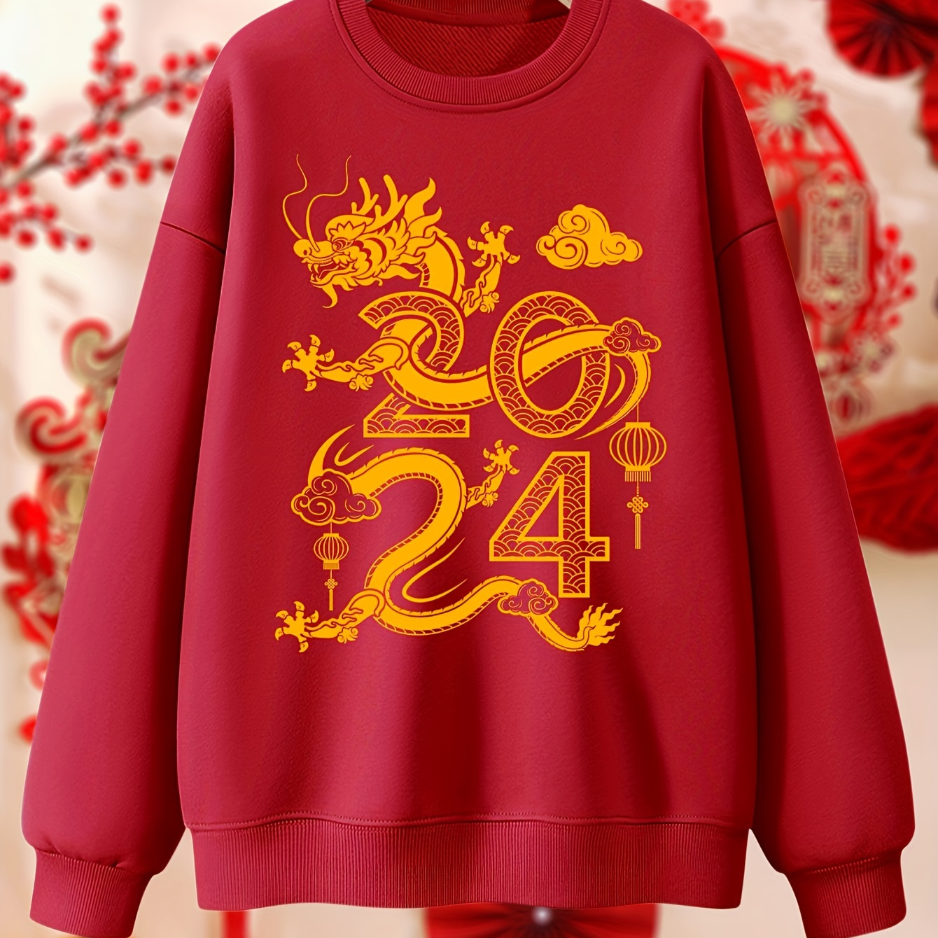 

Plus Size Chinese New Year Graphic Print Sweatshirt, Crew Neck Casual Sweatshirt For Fall & Spring, Women's Plus Size Clothing