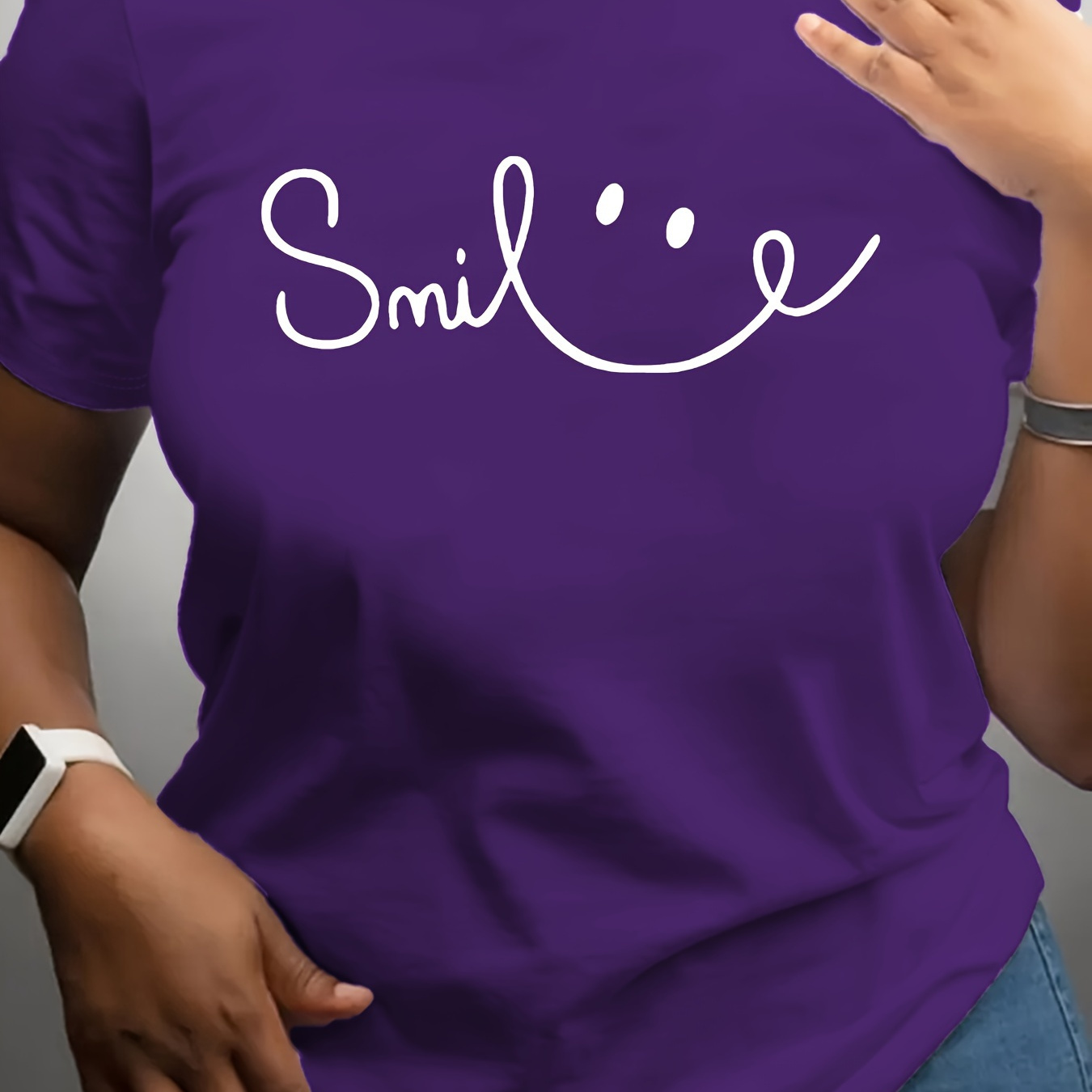 

Women's Plus Size Casual Sporty T-shirt, Smile Face Print, Comfort Fit Short Sleeve Tee, Fashion Breathable Casual Top