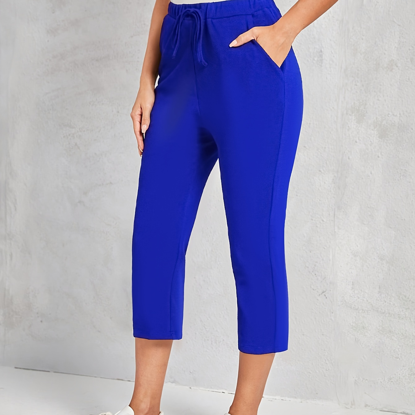 

Drawstring Waist Capris Pants, Elegant Solid Color Slant Pocket Pants For Summer & Spring, Women's Clothing