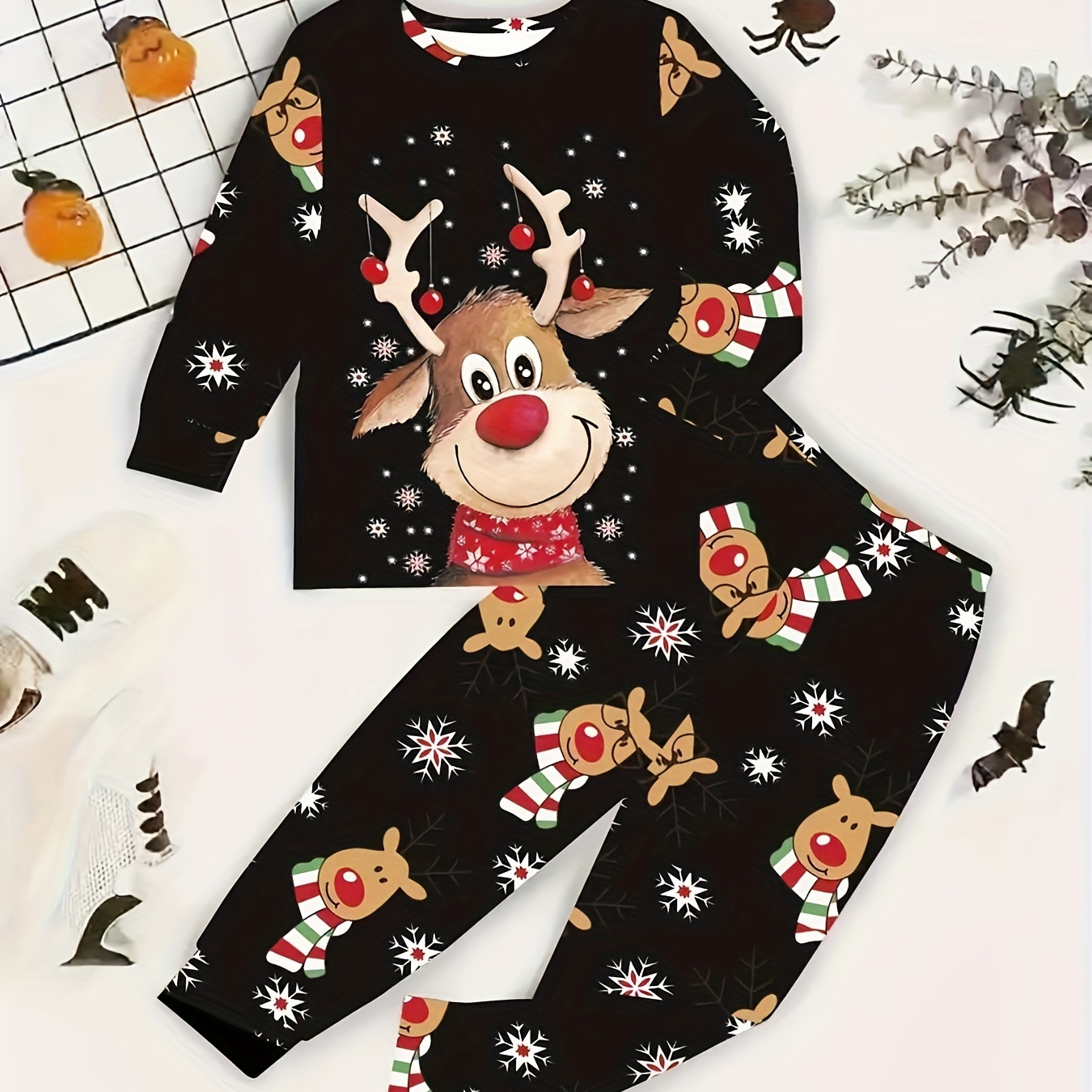 

Adult Christmas Reindeer Print Pajama Set - Knit Fabric Crew Neck Long Sleeve Sleepwear, 100% Polyester Lounge Set