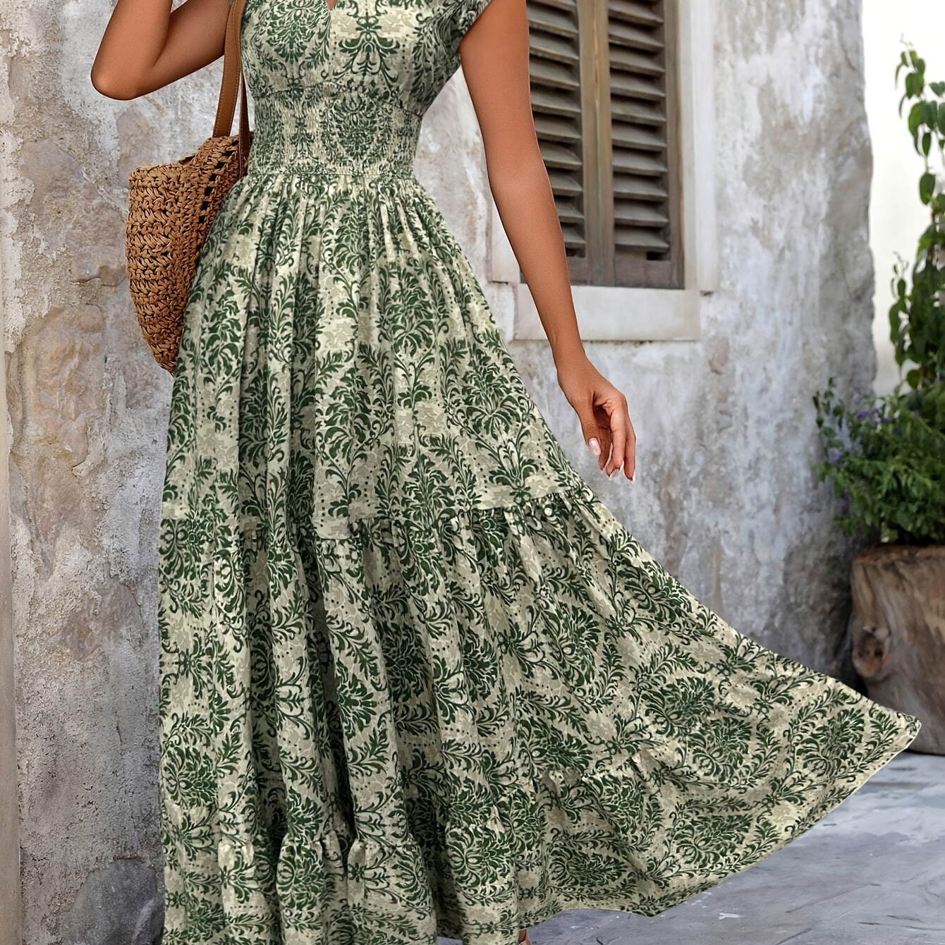 

And Women's Printed Patchwork Short-sleeve V-neck Long Dress From Evening Mist.