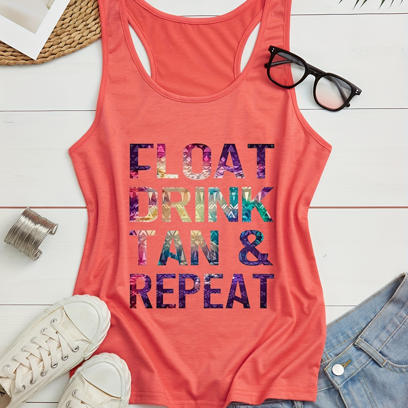

Women's Sleeveless Tank Top, "float Drink Tan & Repeat" Lettering, Casual Athletic Style, Summer Beachwear, Breathable