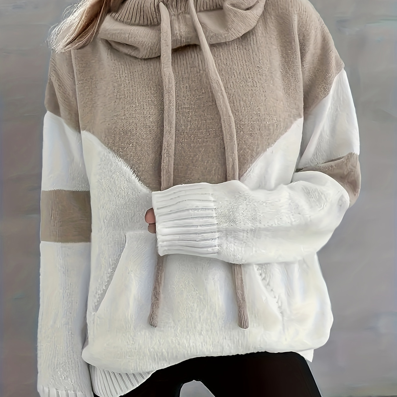 

Color Block Drawstring Hooded Sweater, Casual Long Sleeve Kangaroo Pocket Pullover Sweater, Women's Clothing