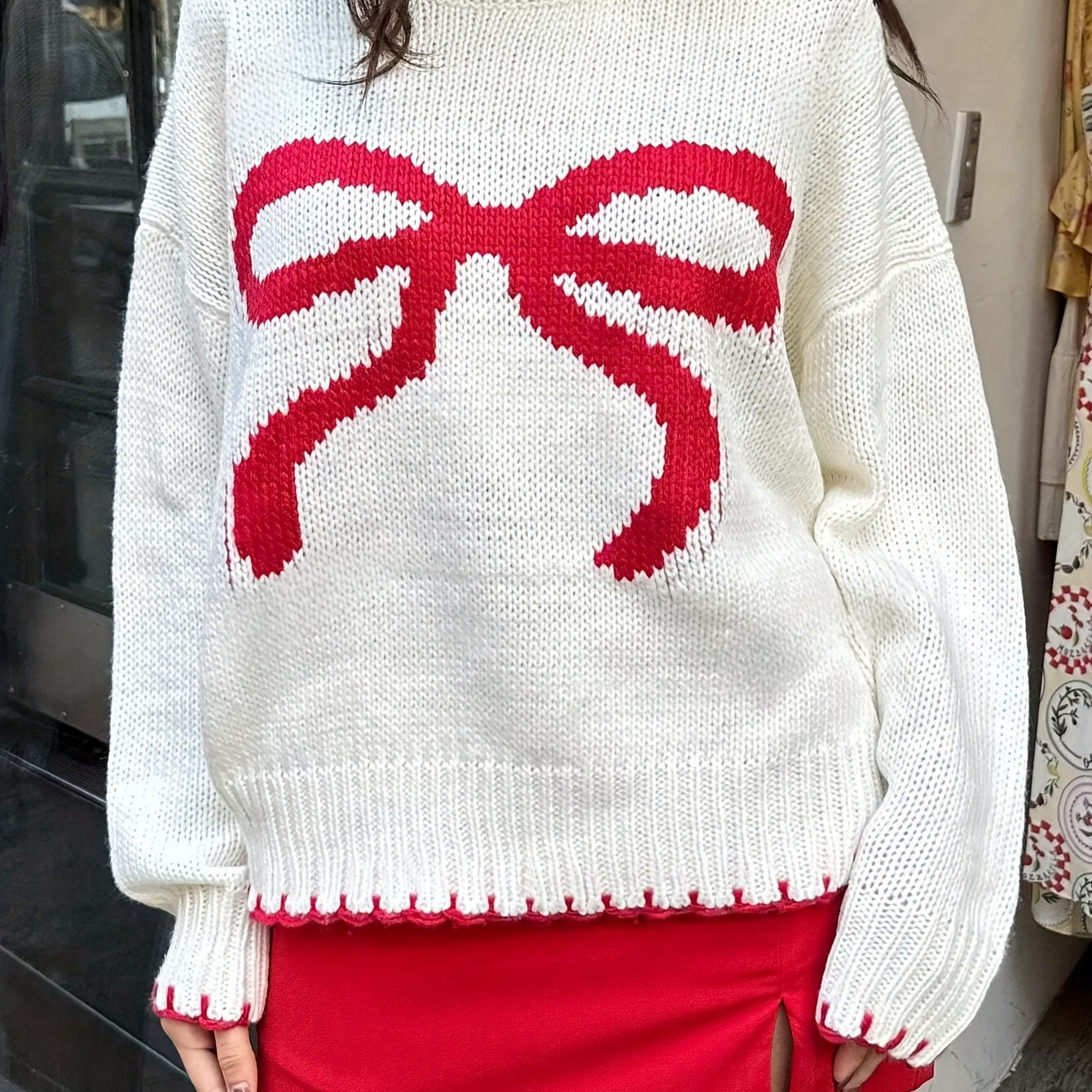 

Women's Acrylic Knit Sweater With Red Bow, Casual Crew Neck Long Sleeve Pullover, Soft Loose Fit Solid Color Knit Fabric Top For Fall/winter, 100% Acrylic, 230g/m² - Holiday Bowknot Design