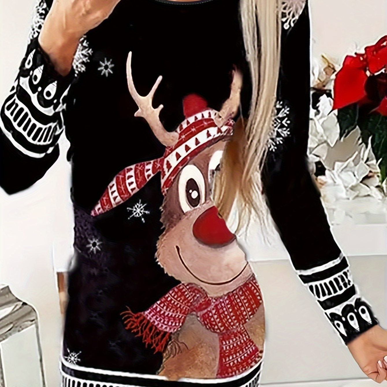 

Christmas Cute Fawn Print Crew Neck Dress, Casual Long Sleeve Dress For Spring & Fall, Women's Clothing