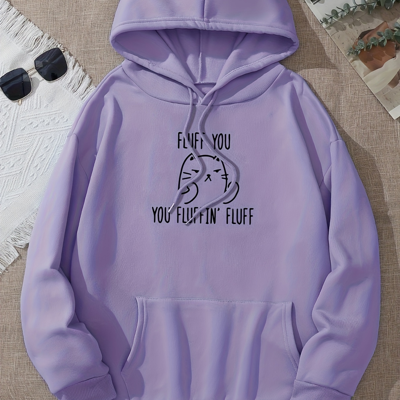 

Cute Cat & Letter Print Hoodie, Casual Pocket Long Sleeve Drawstring Hoodies Sweatshirt, Women's Clothing