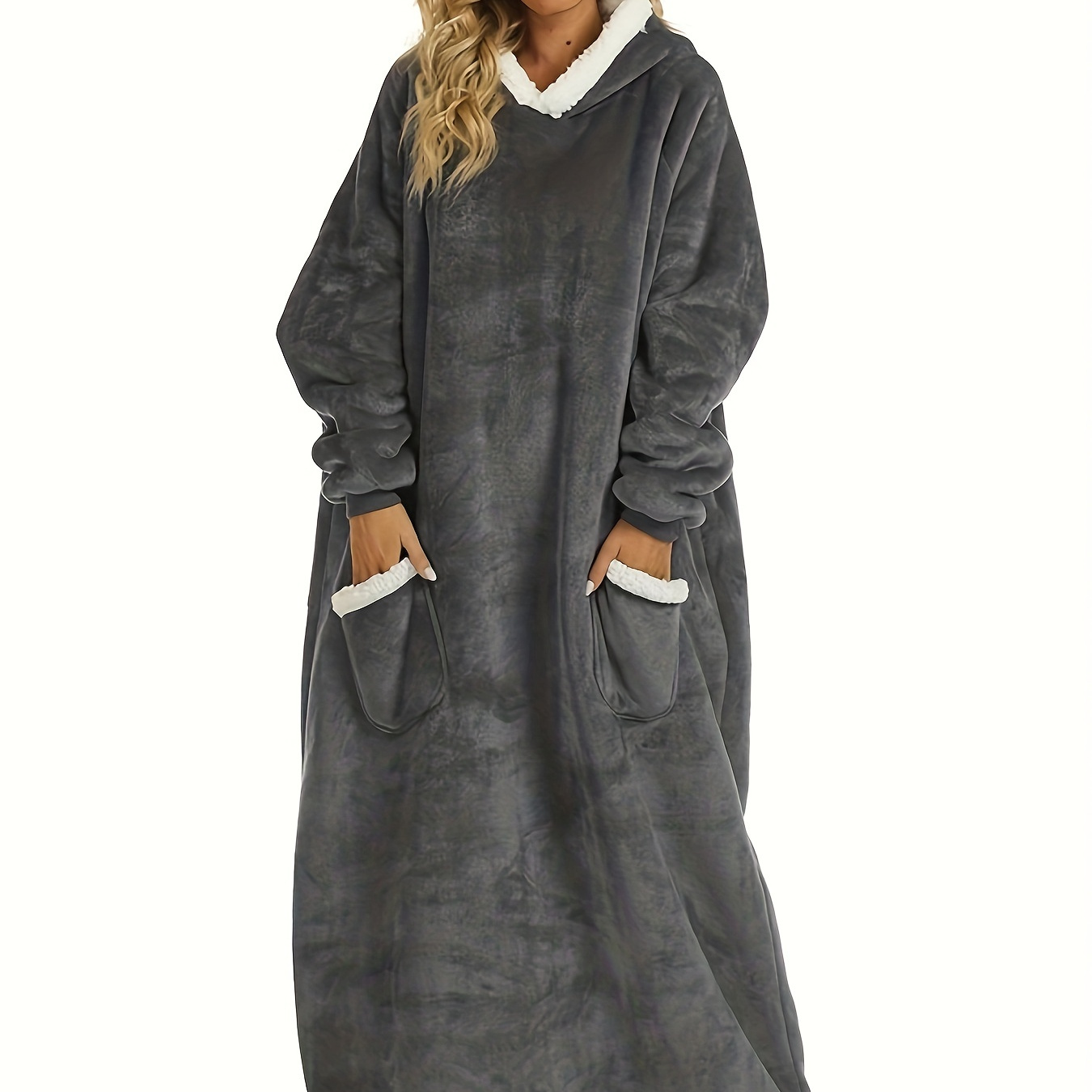 

Plus Size Casual Loungewear Robe, Women's Plus Long Sleeve Hooded Flannel Cozy Wearable Blanket With Pockets