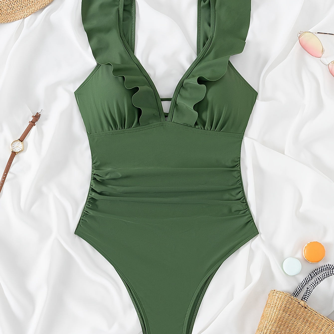 

Solid Color V Neck One-piece Swimsuit, Ruffle Hem Backless Bathing Suits, Women's Swimwear & Clothing