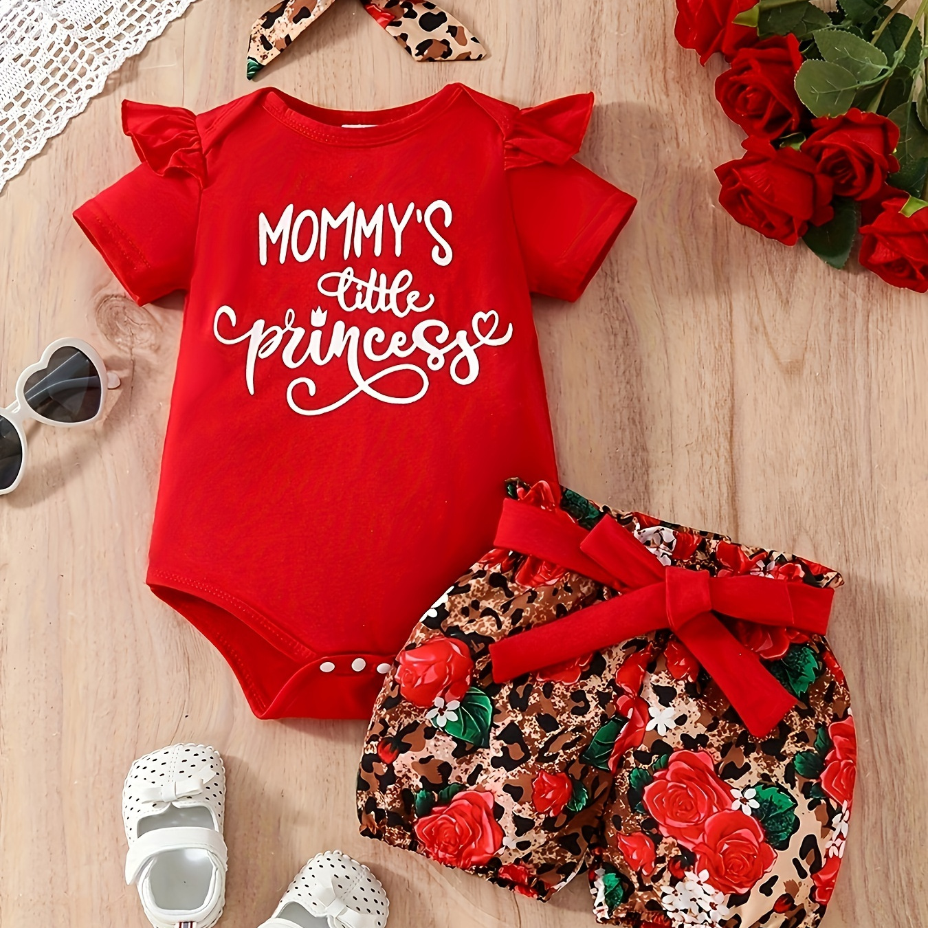 

Baby's "mommy's Little Princess" Print 2pcs Short Sleeve Outfit, Casual Onesie & Headband & Flower Leopard Pattern Shorts Set, Toddler & Infant Girl's Clothes For Daily/holiday, As Gift