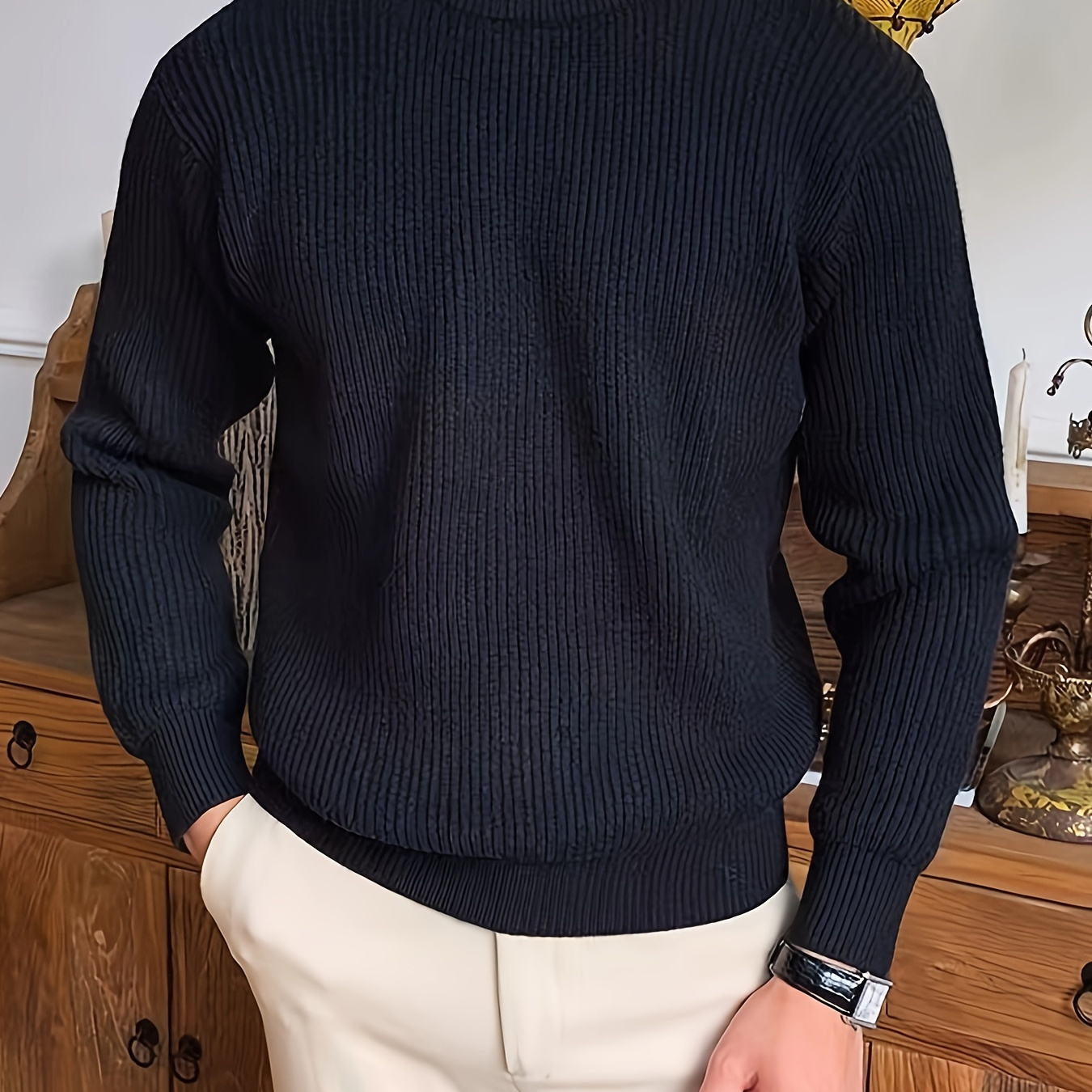 

Men's Luxe Knit Sweater - Casual Crew Neck, Non-pilling, Machine Washable For Fall/winter