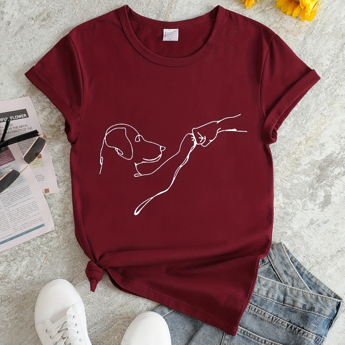 

Dog Print T-shirt, Short Sleeve Crew Neck Casual Top For Summer & Spring, Women's Clothing