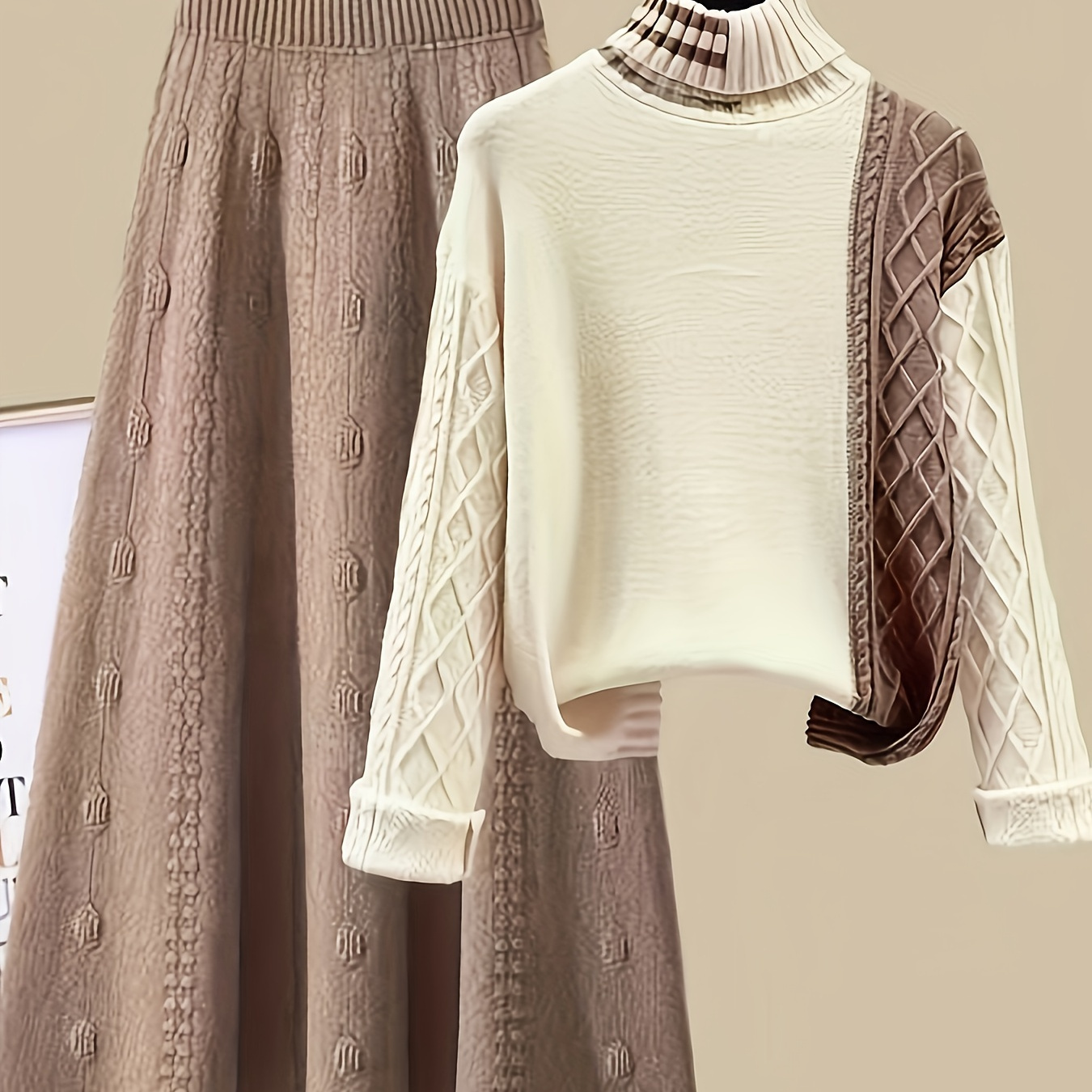 

Knit Pants Set, Long Sleeve Cable Knit Sweater & A-line Textured Skirt Outfits, Women's Clothing