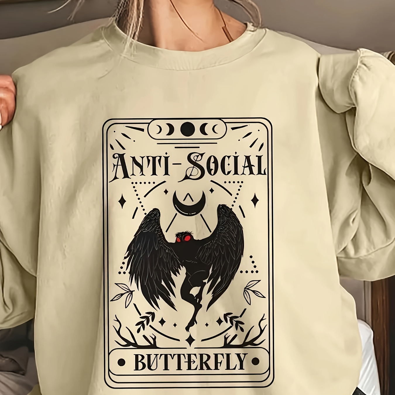 

Anti-social Butterfly Sweatshirt - Casual Crew Neck Long Sleeve Polyester Knit - Comfortable Stretch Fall/winter Top