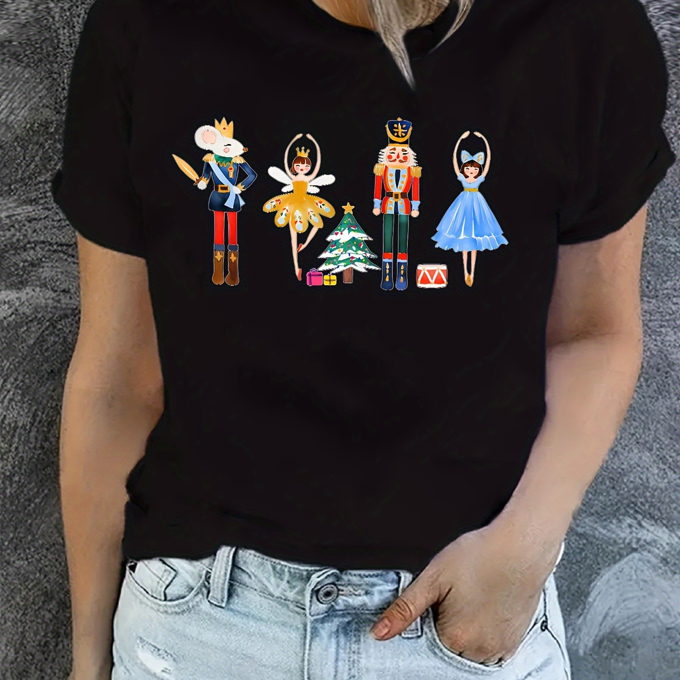 

Christmas Nutcracker Print T-shirt, Short Sleeve Crew Neck Casual Top For Summer & Spring, Women's Clothing