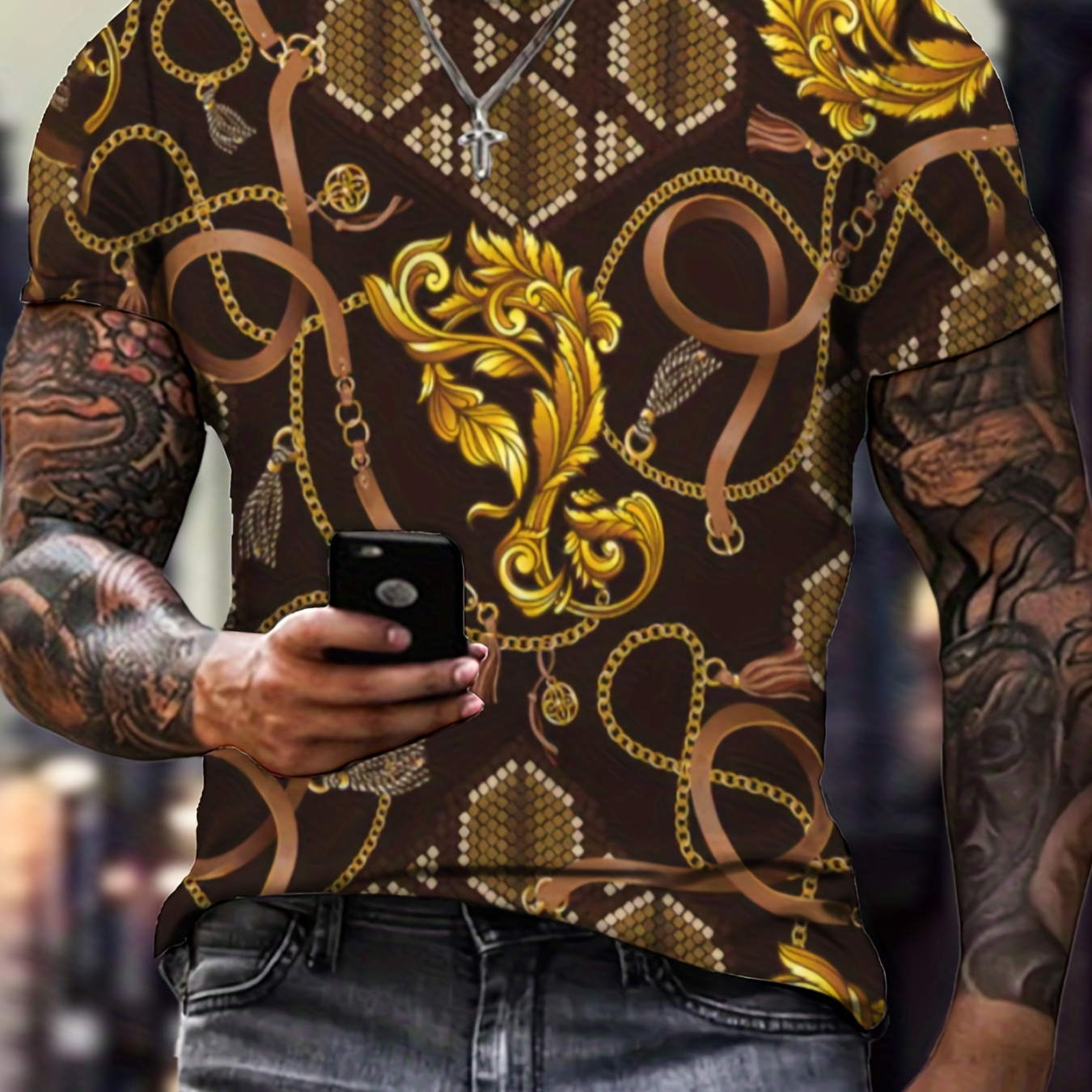 Golden Chain Belt Pattern Print Men's T shirt Graphic Tee - Temu Canada