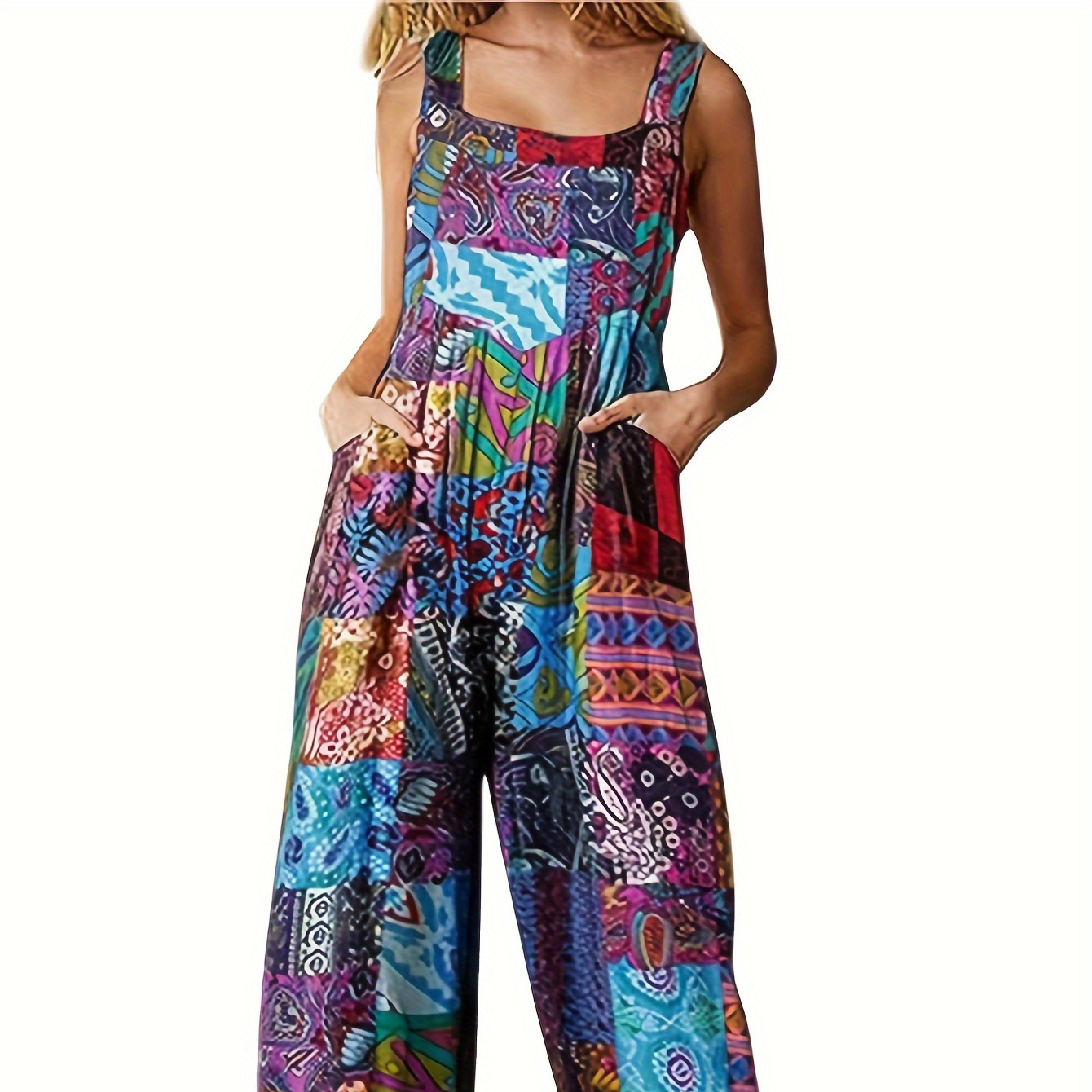 

Tribal Print Overall Jumpsuit, Casual Wide Leg Button Overall Jumpsuit For Spring & Summer, Women's Clothing